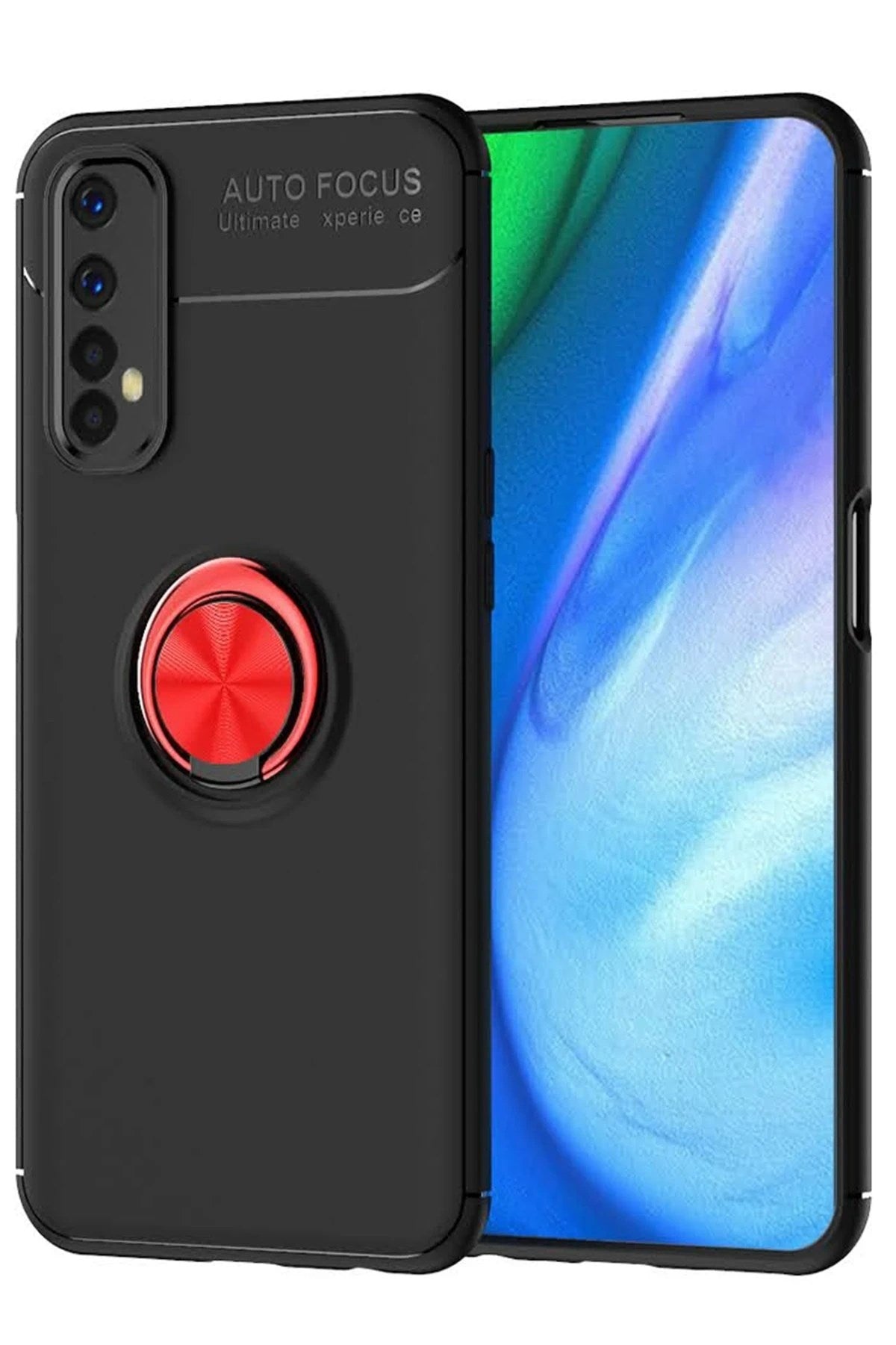 Mey İthalat® Realme 7 Kılıf Range Yüzüklü Silikon - Siyah-Kırmızı