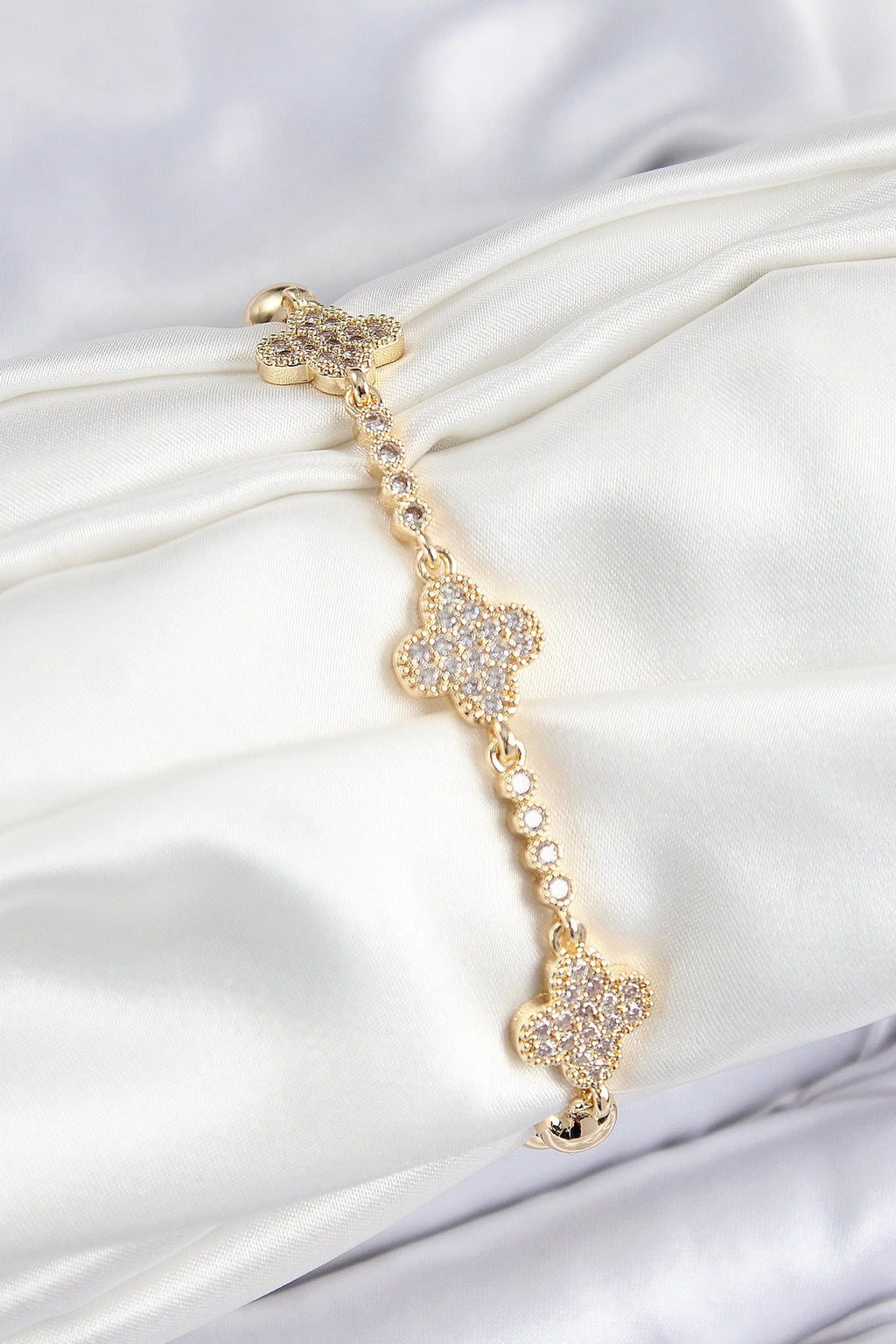 Mey İthalat® Pirinç Zirkon Taşlı Yonca Model Gold Renk Kadın Bileklik