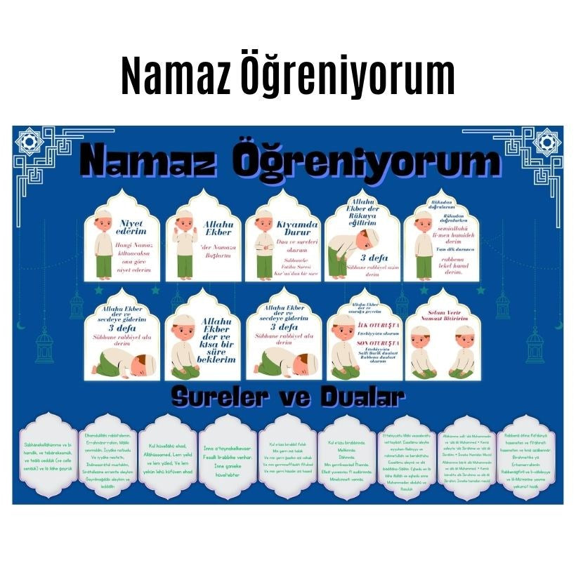 Çocuklar İçin Renkli "namaz Öğreniyorum" Afişi - 33x48 Cm Figürlü Eğitim Materyali Erkek