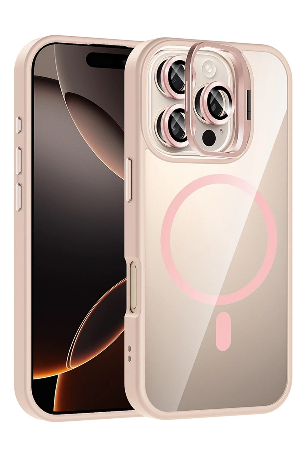 Mey İthalat® iPhone 16 Pro Remim Lensli Magsafe Standlı Kapak - Pembe
