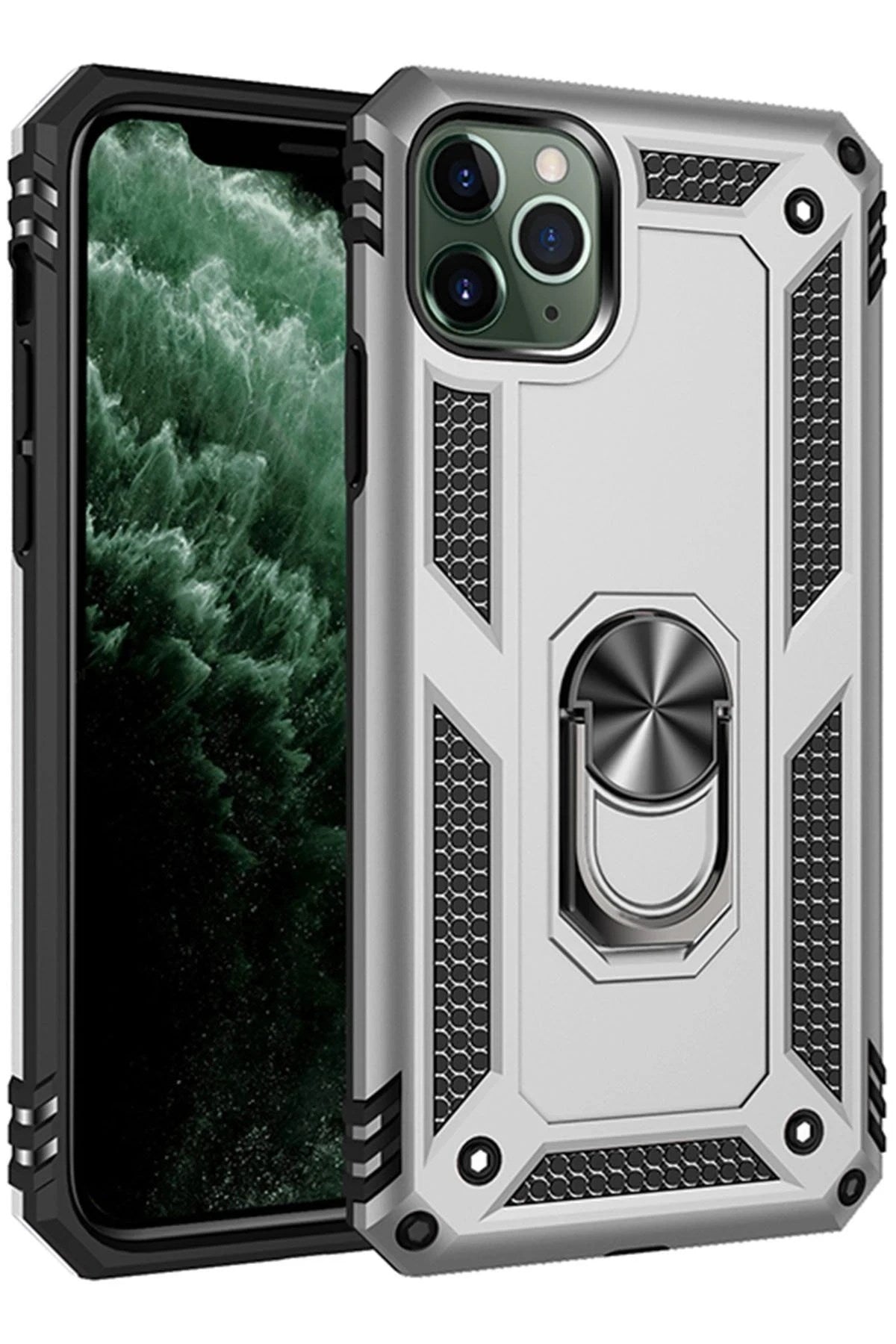 Mey İthalat® iPhone 11 Pro Max Kılıf Sofya Yüzüklü Silikon Kapak - Gümüş