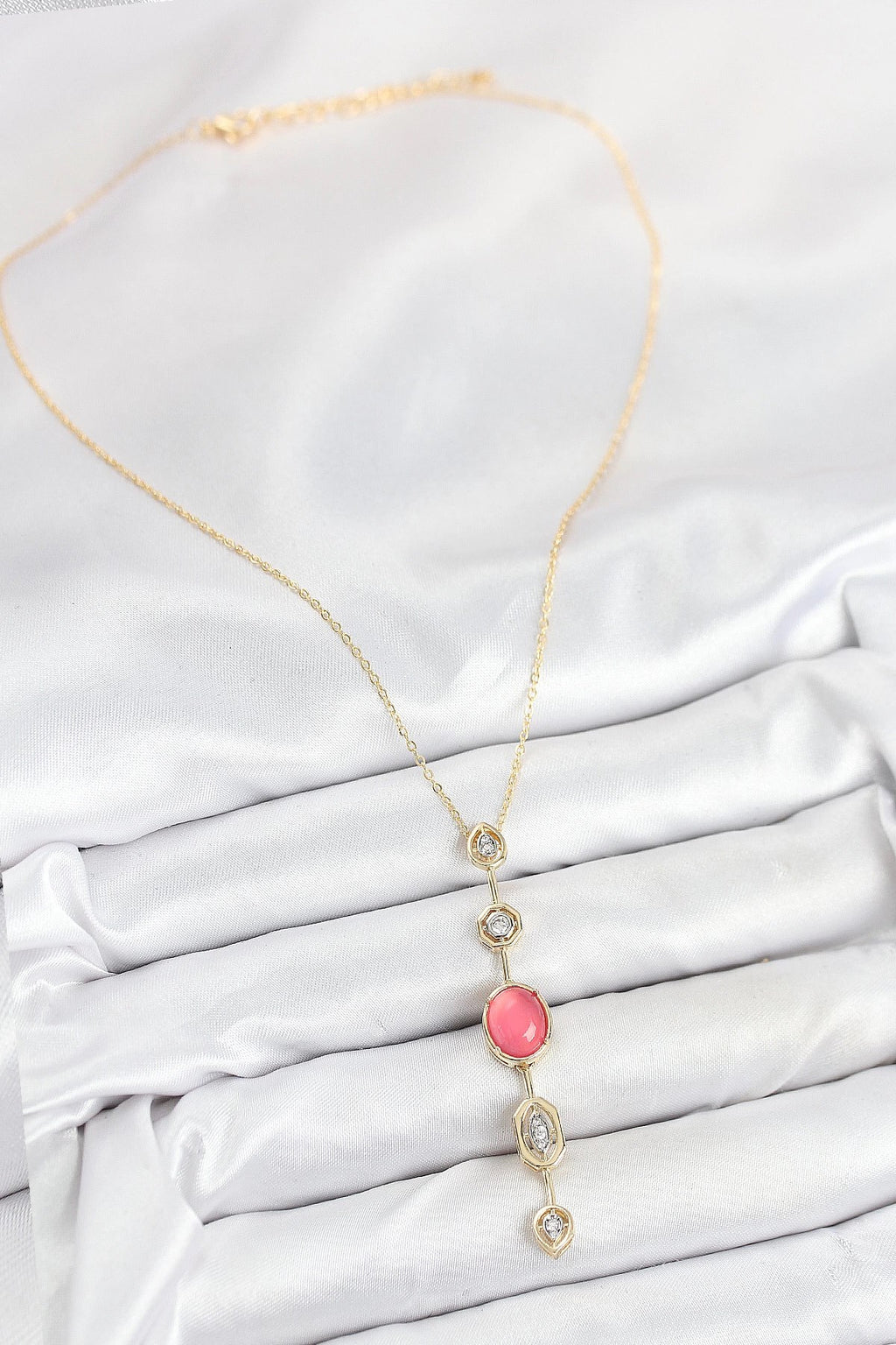 Mey İthalat® Pirinç Zincir Pembe Gold Renk Zirkon Taşlı Y Kolye