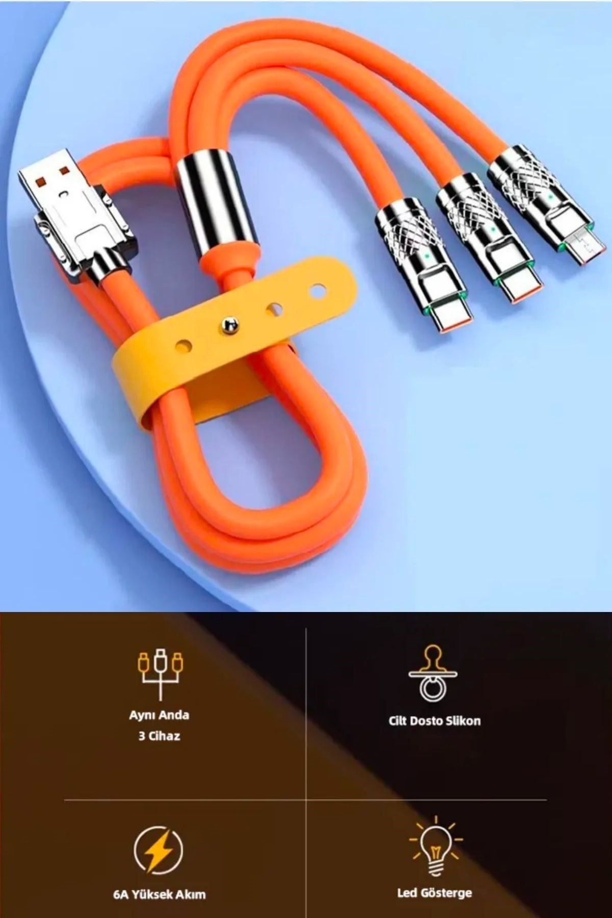 3 in 1 Type-C + Micro Usb + Lightning Hızlı Şarj Kablosu Silikon Kablo 1 Metre Opp Ambalaj
