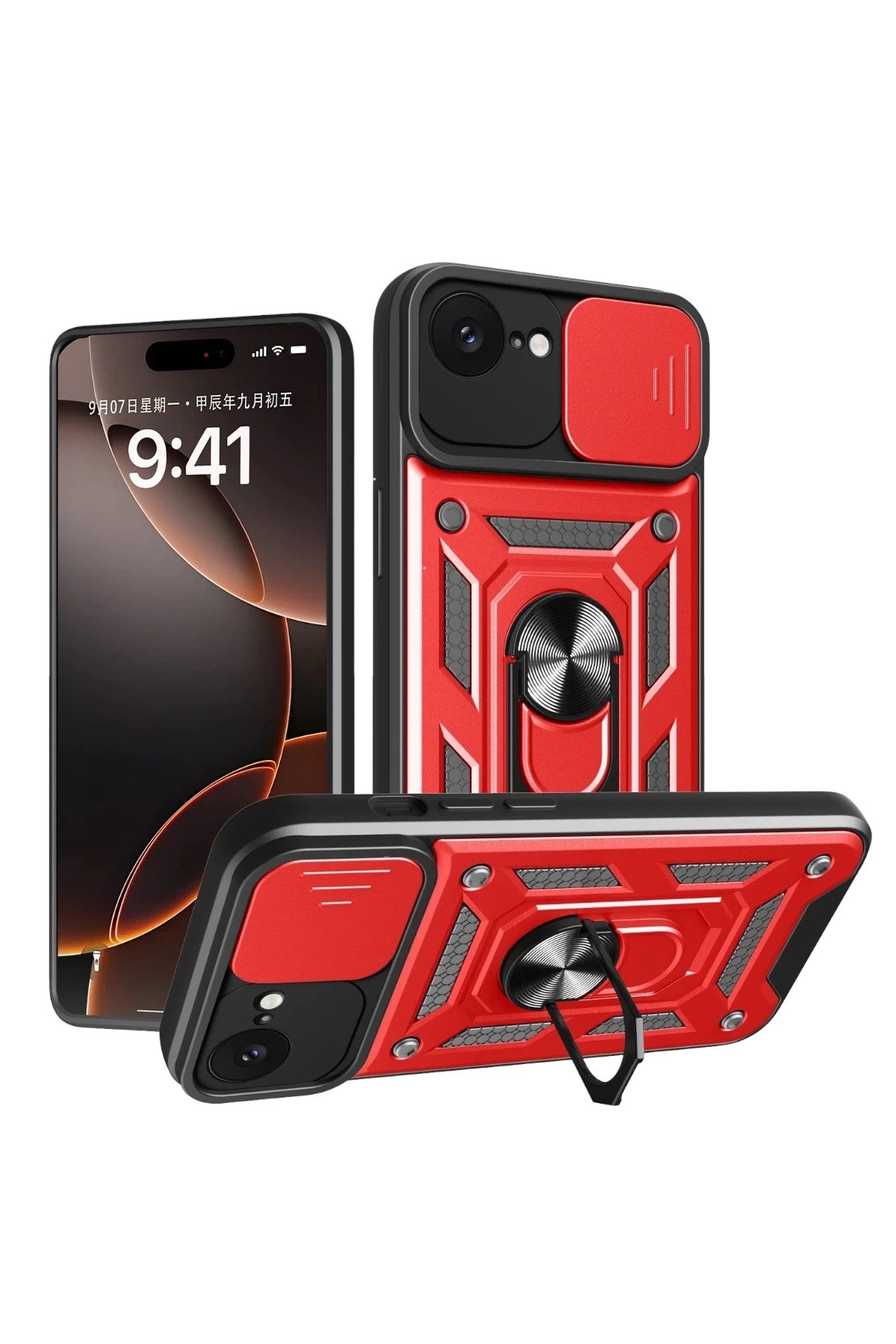 Mey İthalat® iPhone 16E Kılıf Pars Lens Yüzüklü Silikon - Kırmızı
