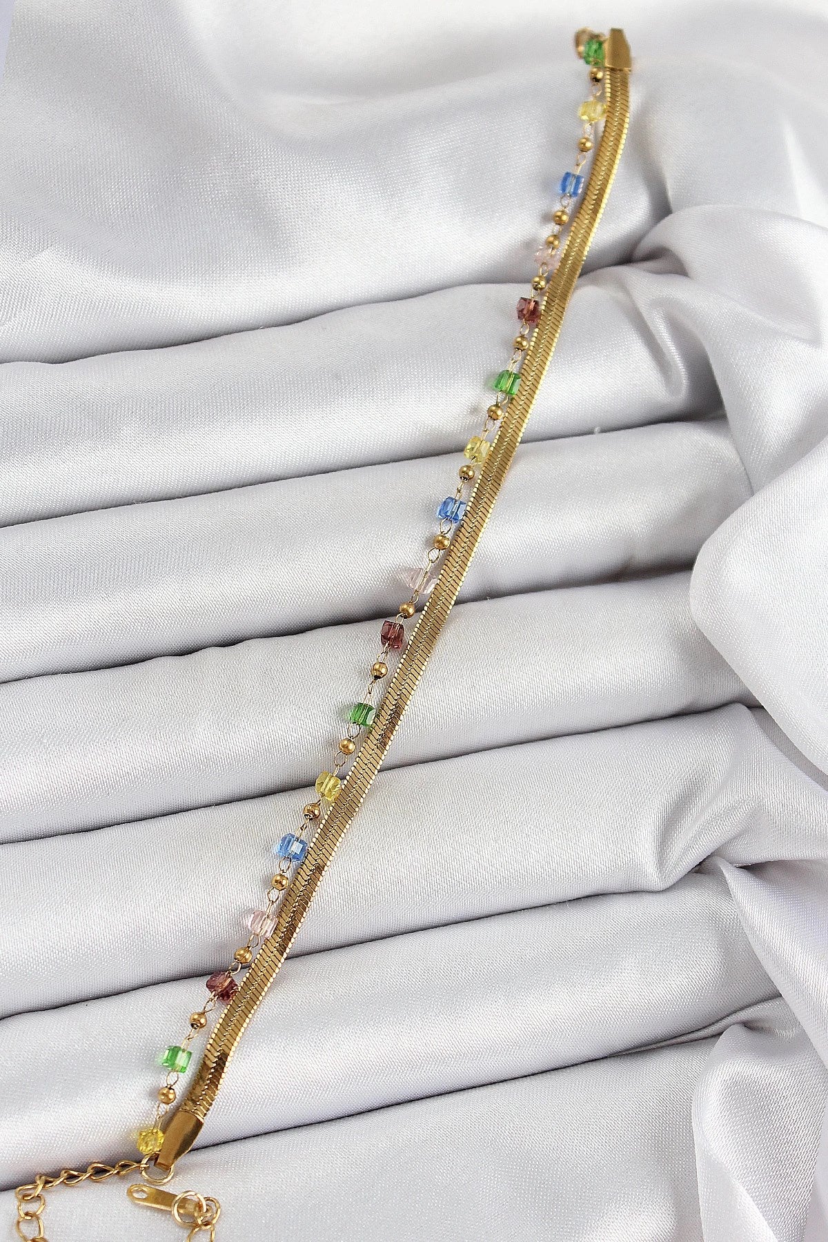 Mey İthalat® 316L Çelik Gold Renk Karışık Renkli Kristal Taşlı Kadın Bileklik
