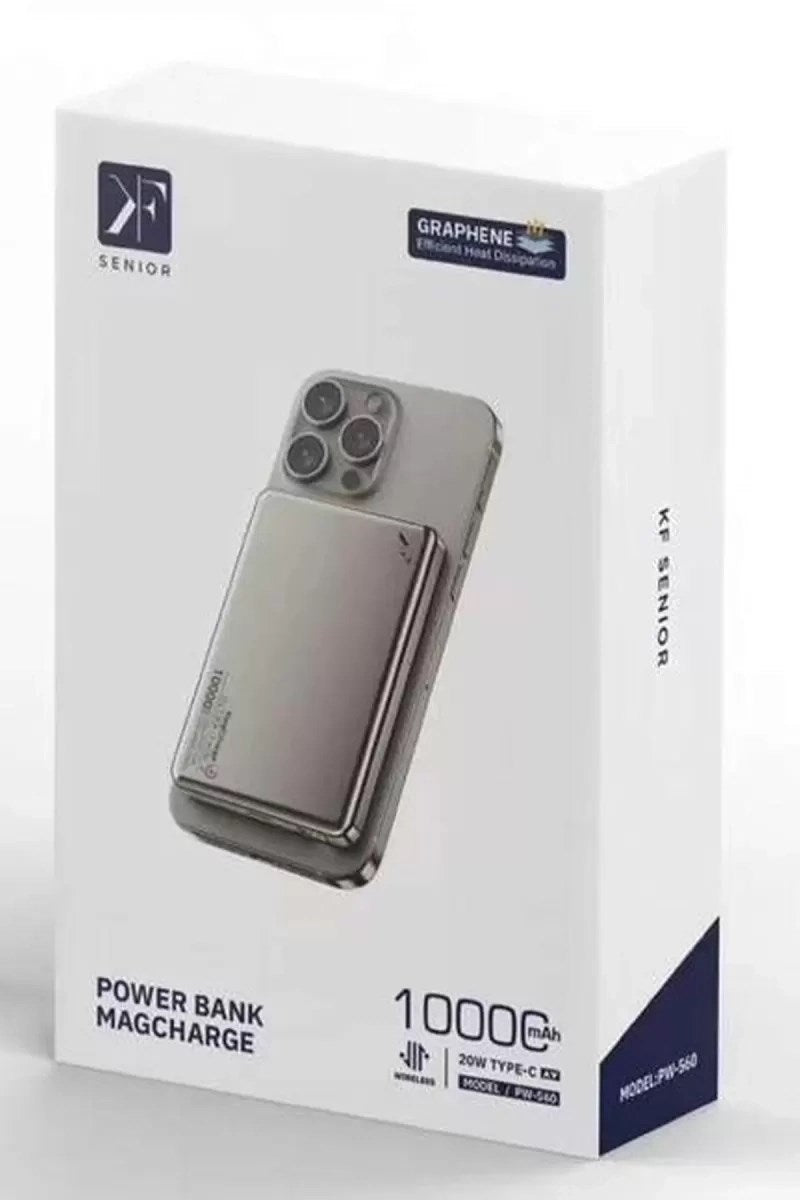 Mey İthalat® PW560 10.000 mAh Dijital Göstergeli 20W Type-C ve 15W Kablosuz Şarj PD Hızlı Şarj Magsafe Powerbank - Titanyum