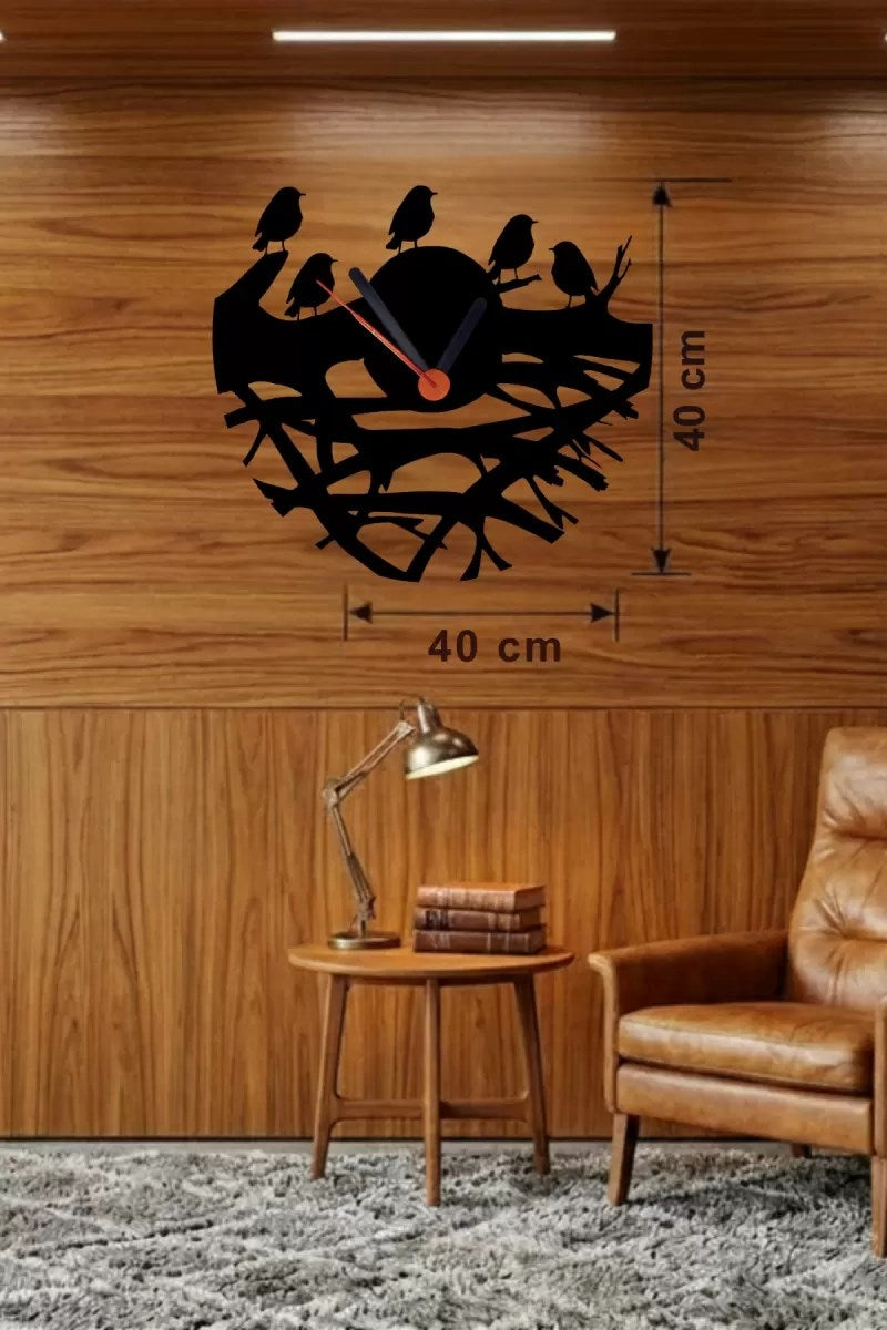 Mey İthalat® Dallarda Kuşlar Tasarım Ahşap Duvar Saati - 40x40 cm Dekoratif Saat
