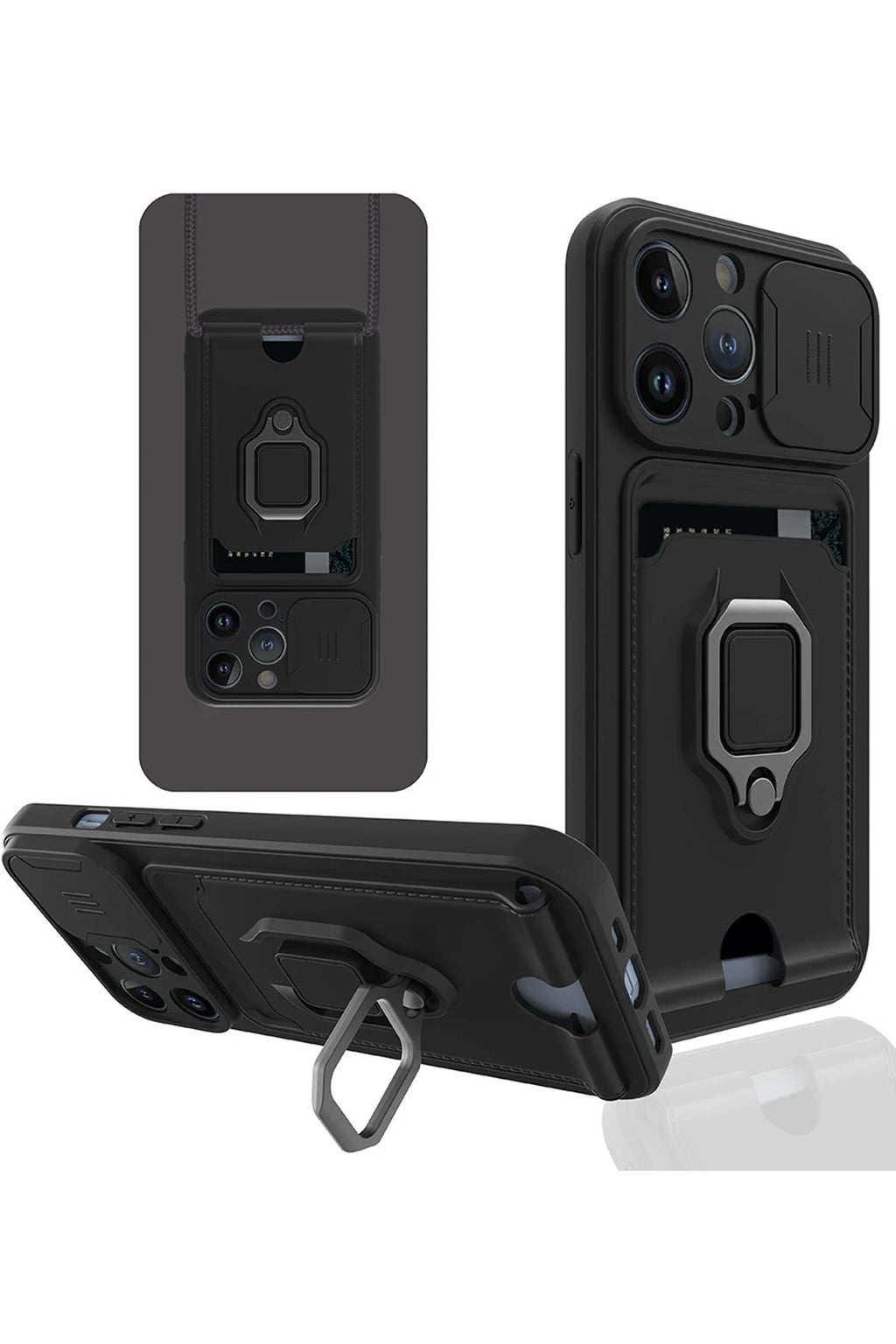 Mey İthalat® iPhone 14 Pro Kılıf Zuma Kartvizitli Yüzüklü Silikon - Siyah