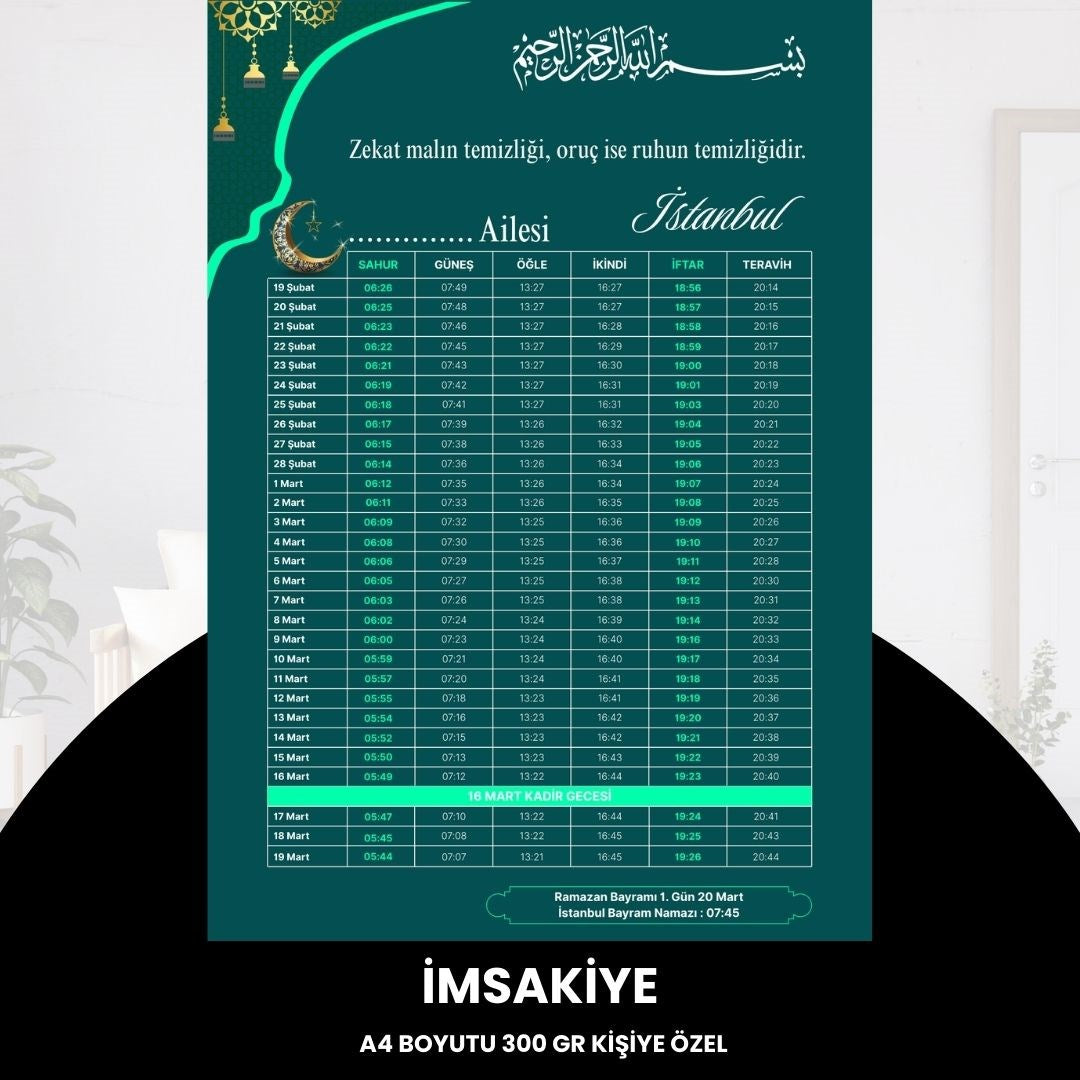 Ramazan İmsakiyesi - 300 Gr - A4 Boyut Kişiye Özel İsimli & Logolu 1 Adet Yeşil-turkuaz