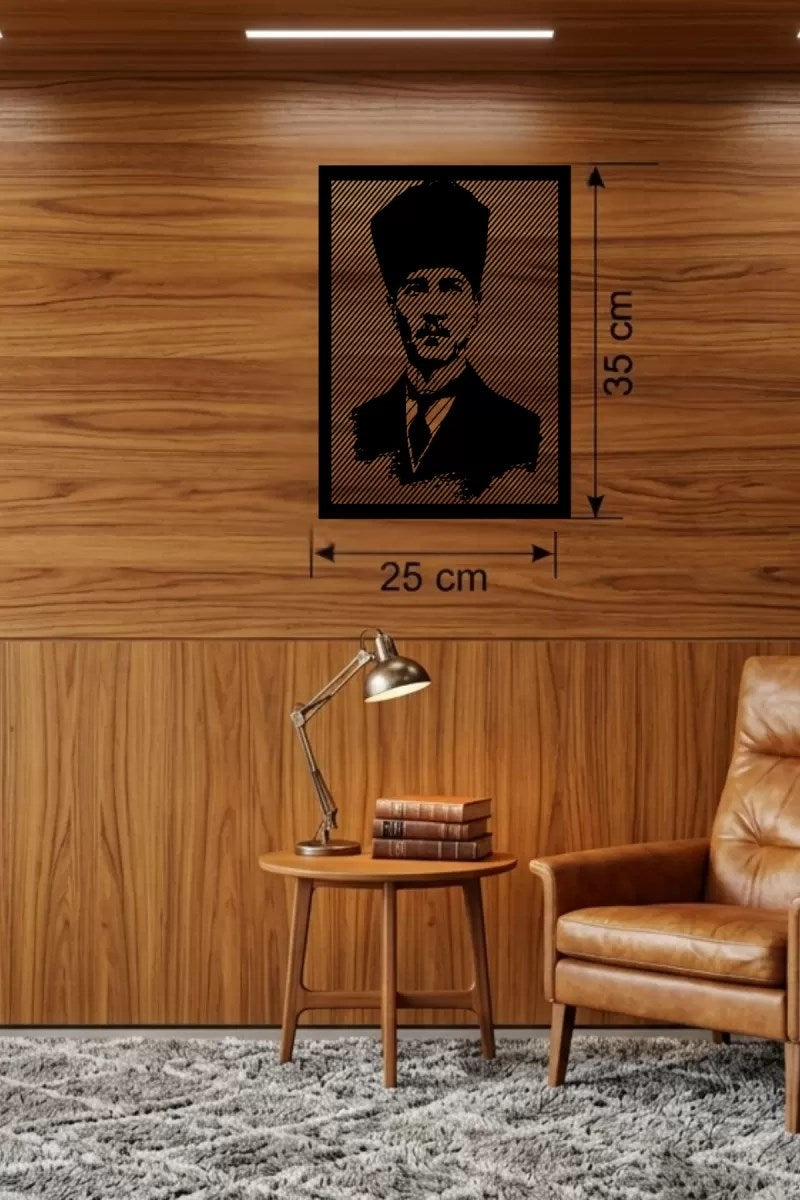 Mey İthalat® Atatürk Line Art Metal Görünümlü Ahşap Tablo - Modern Ofis ve Ev Dekoru