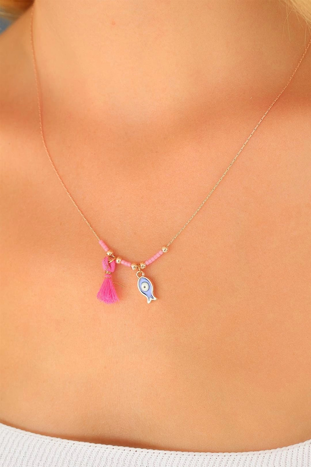 Mey İthalat® Nazar Boncuklu Pembe Renk Taşlı Rose Bayan Kolye