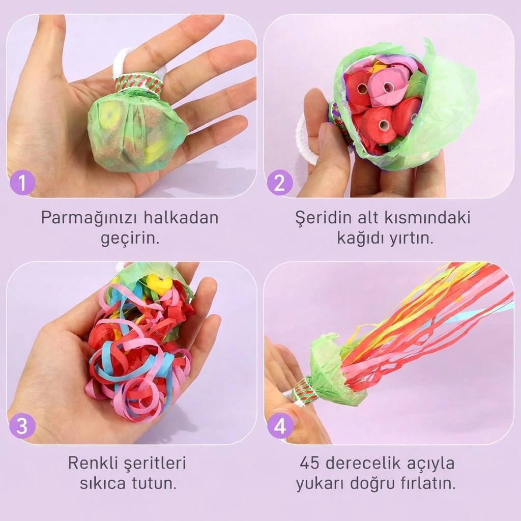 Mey İthalat® 30 Şeritli Renkli Elle Atılan Konfeti – 5 Metre Uzayan Şerit Konfeti 1 Adet