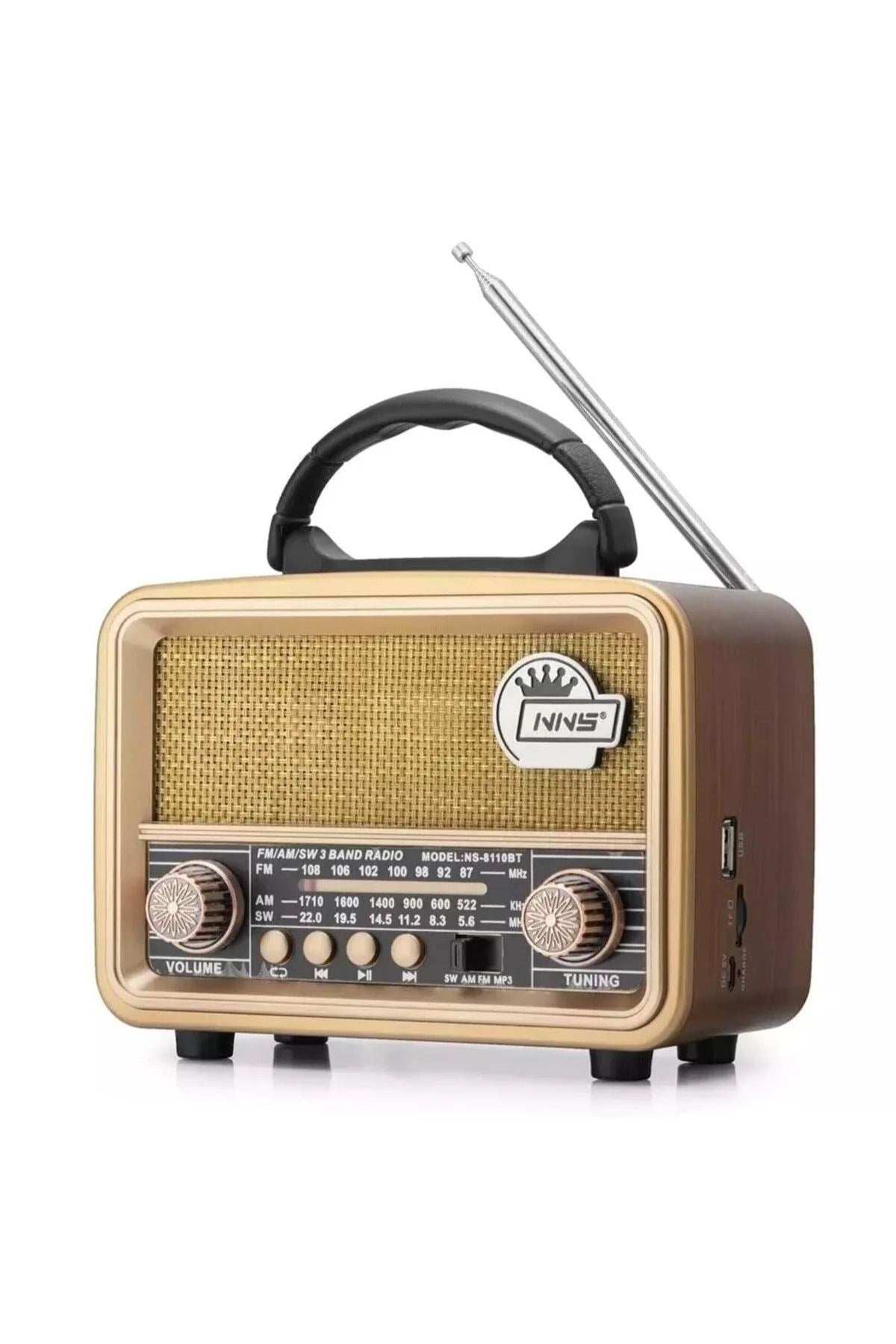 Orta Boy Retro, Nostaljik, Ahşap Tasarım Bluetooth Hoparlörlü, Şarjlı, Taşınabilir FM/AM Destekli Radyo NS-8110