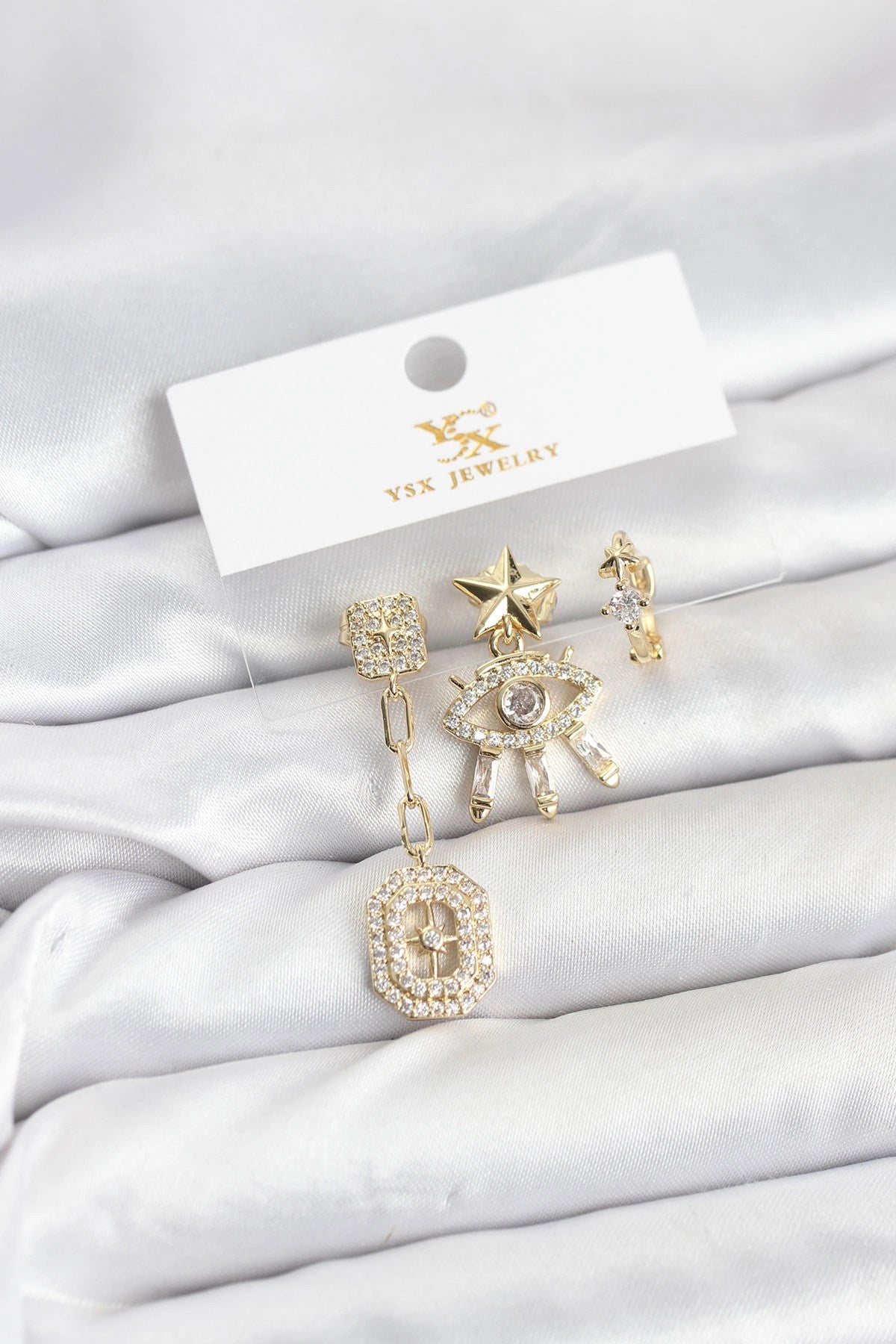 Mey İthalat® Pirinç Gold Renk Göz ve Kutup Yıldızı Model YSX Trio Küpe Seti