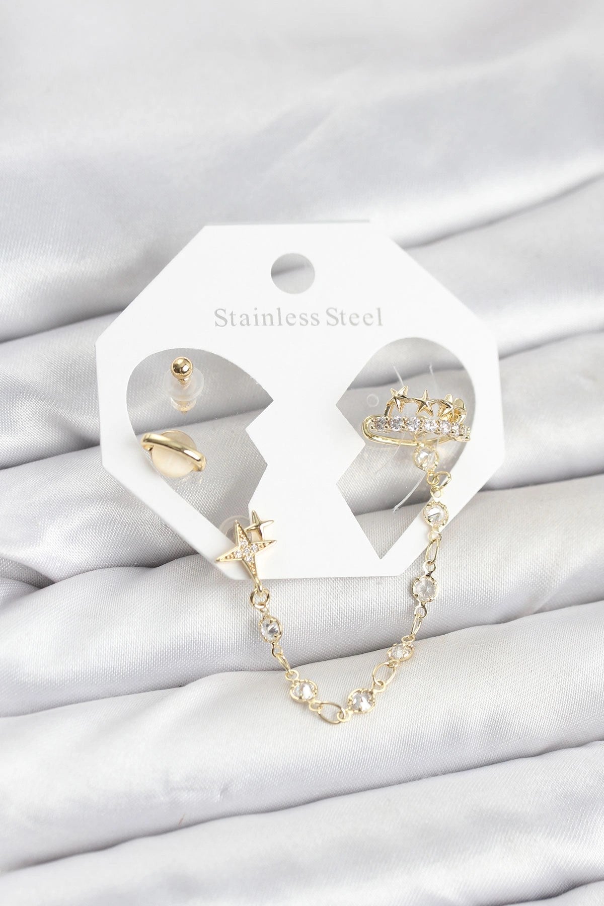 Mey İthalat® Pirinç Gold Renk Uzay Model Zincir Bağlantılı Ear Cuff Küpe Seti