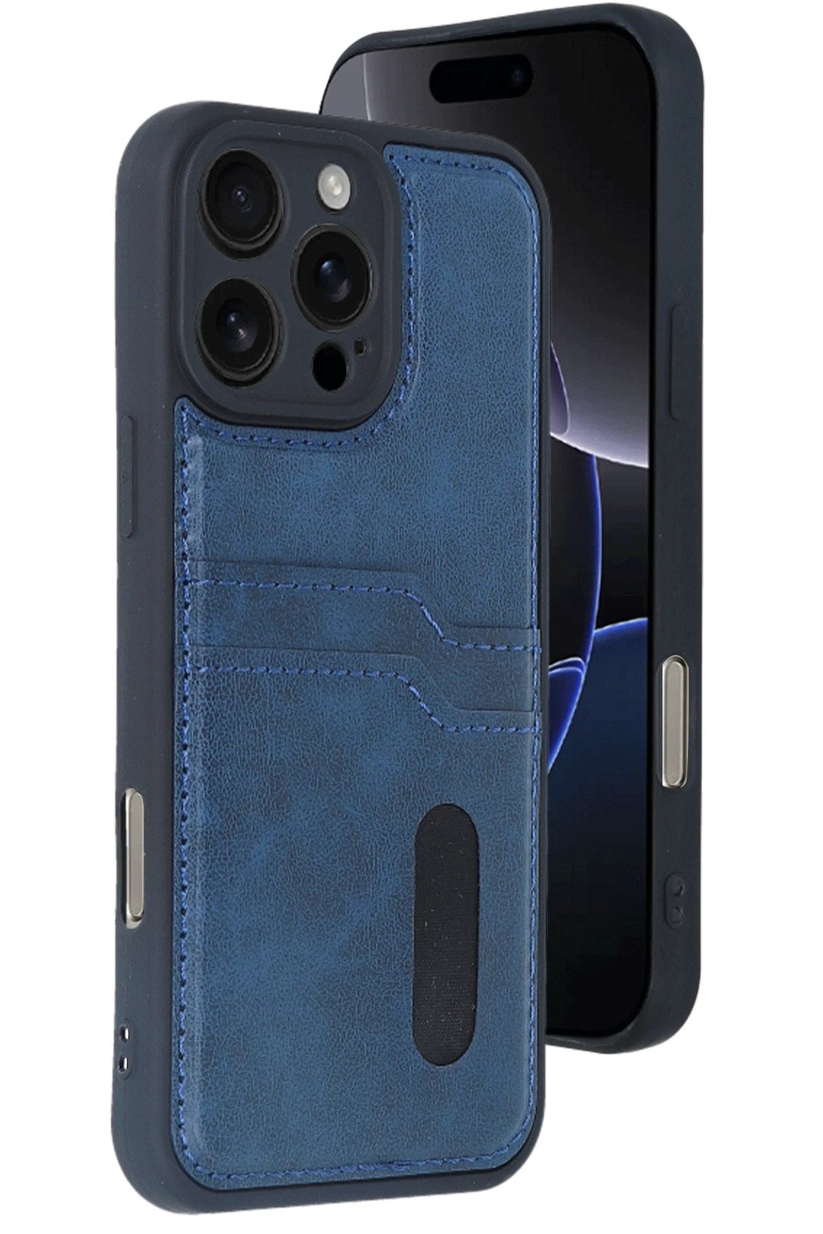 Mey İthalat® iPhone 16 Pro Max Kılıf Sara Kartvizitli Deri Kılıf - Lacivert