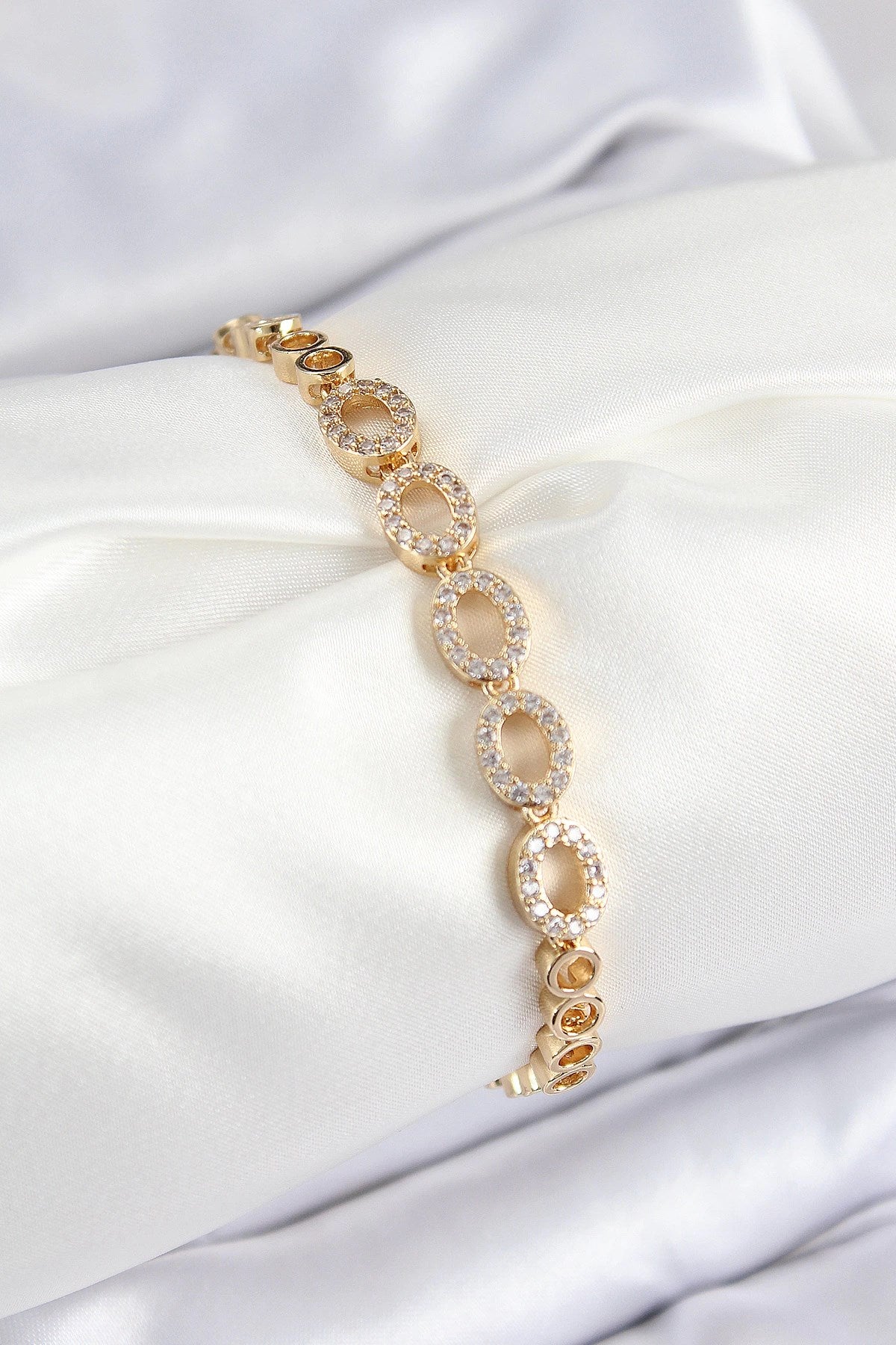 Mey İthalat® Pirinç Zirkon Taşlı Oval Model Gold Renk Kadın Bileklik