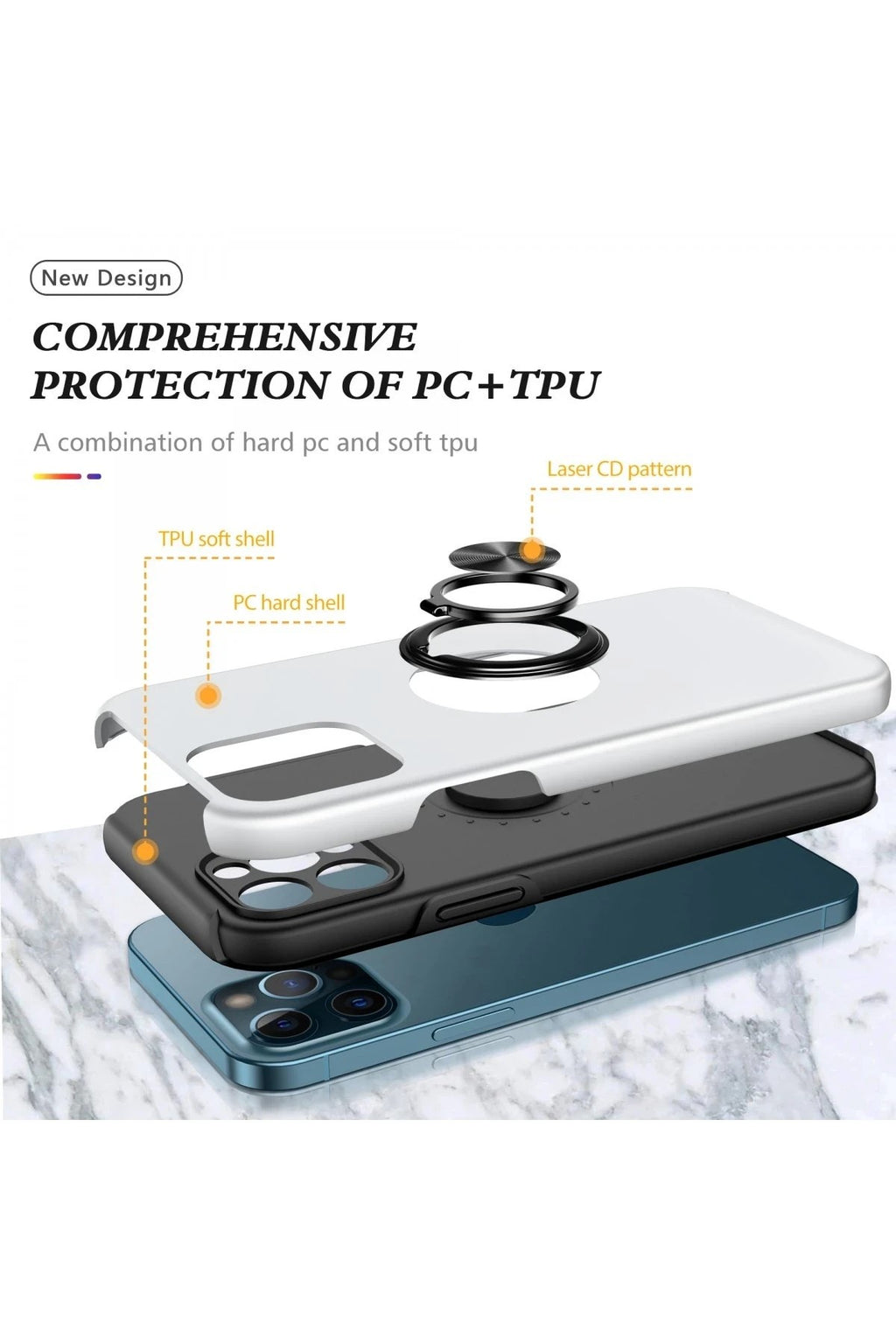 Mey İthalat® iPhone 12 Pro Kılıf Elit Yüzüklü Kapak - Gümüş