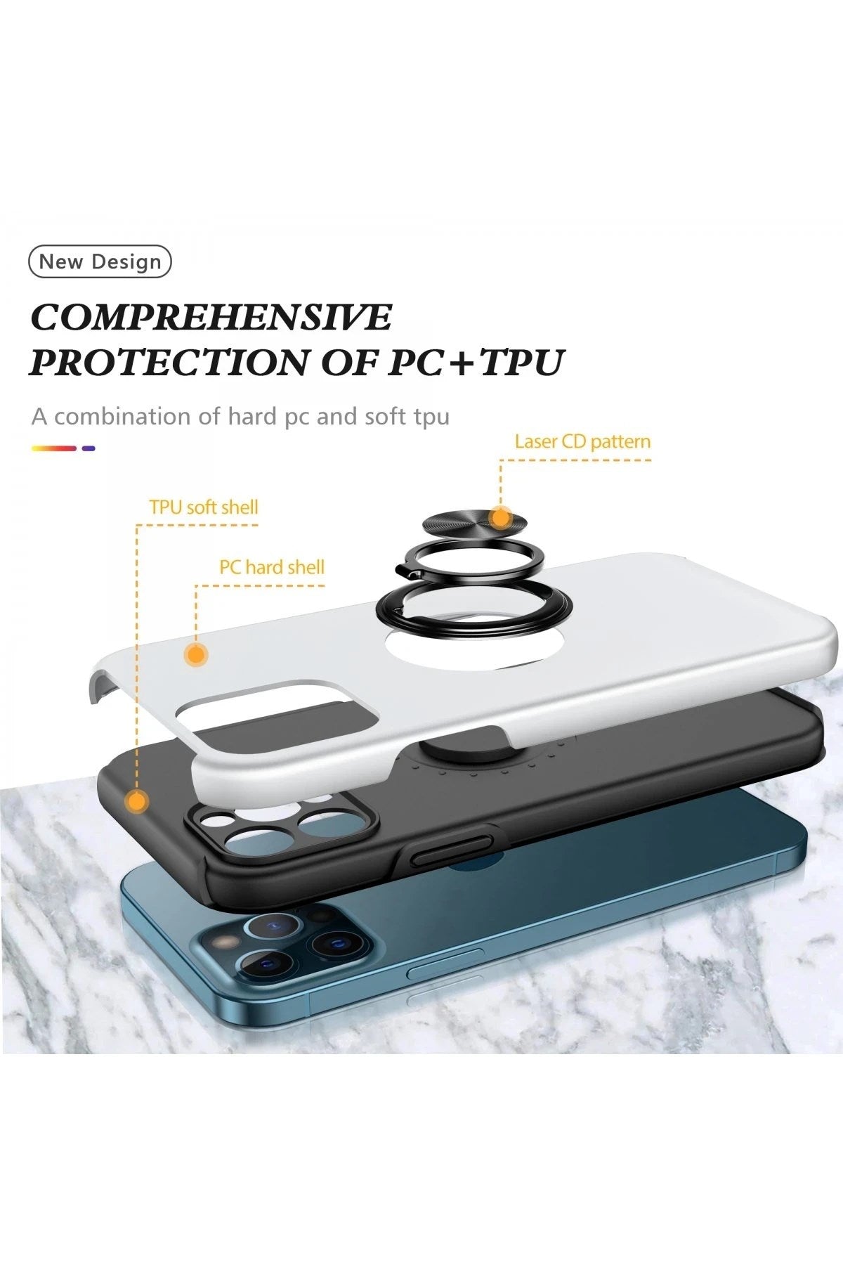 Mey İthalat® iPhone 12 Pro Kılıf Elit Yüzüklü Kapak - Gümüş