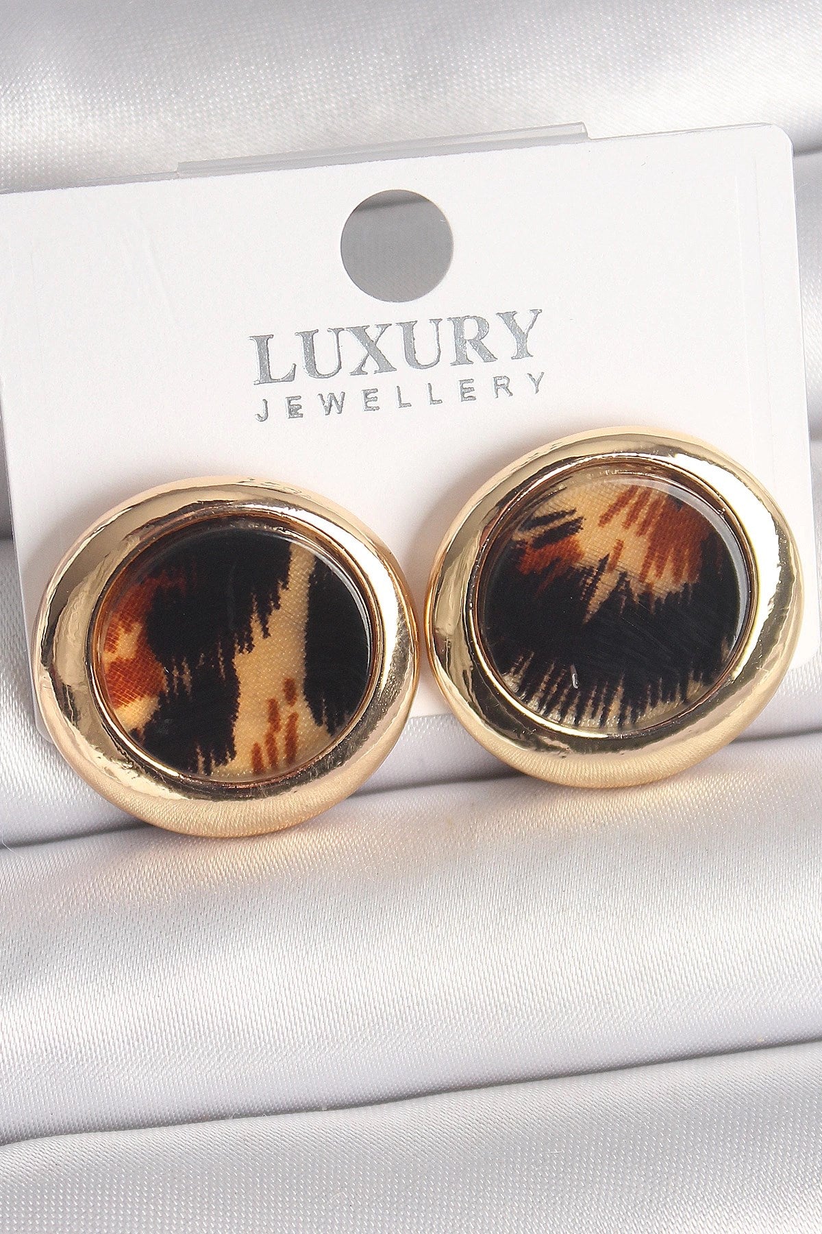 Mey İthalat® Pirinç Gold Renk Leopar Desen Daire Model Kadın Küpe