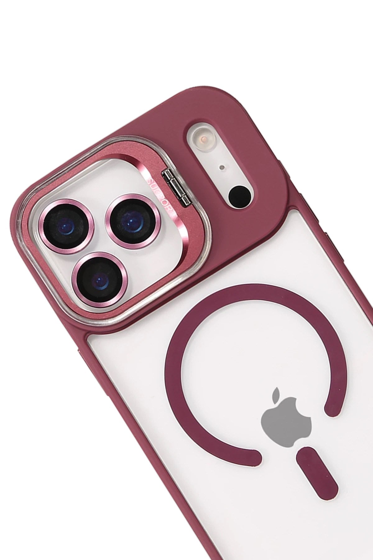 Mey İthalat® iPhone 17 Pro Max Remim Lensli Magsafe Standlı Kapak - Bordo