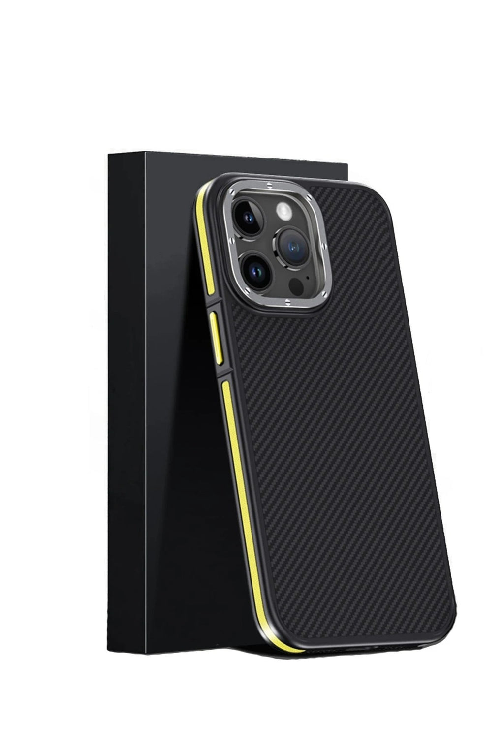Mey İthalat® iPhone 15 Pro Max Kılıf Aramid 600D Kevlar Karbon Fiber Magsafe Kapak - Sarı