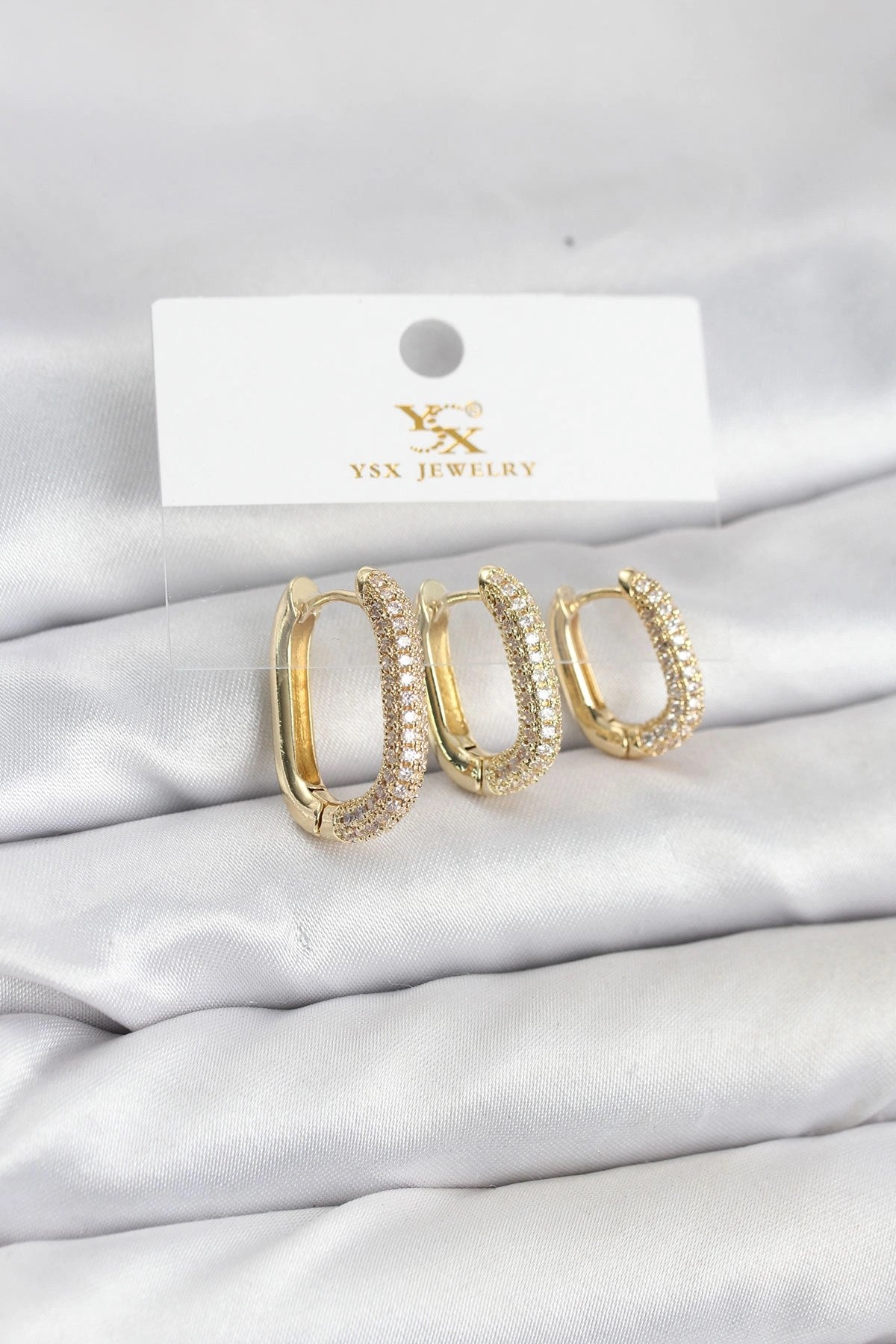 Mey İthalat® Pirinç Gold Renk Zirkon Taşlı Halka Model YSX Trio Küpe Seti