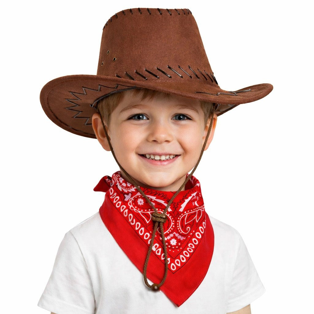 Mey İthalat® Çocuk Kovboy Şapka Kahverengi &amp; Kırmızı Bandana Fular Seti