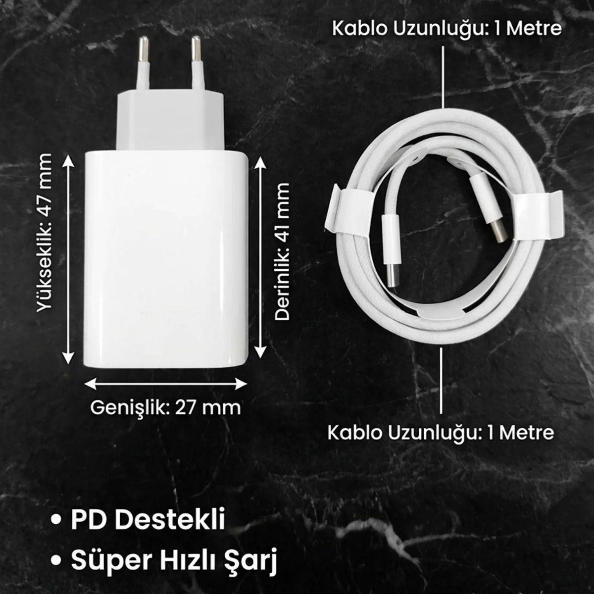 25W Hızlı Şarj Adaptörü USB-C to Type-C Kablolu – PD Destekli, Süper Hızlı Şarj Cihazı