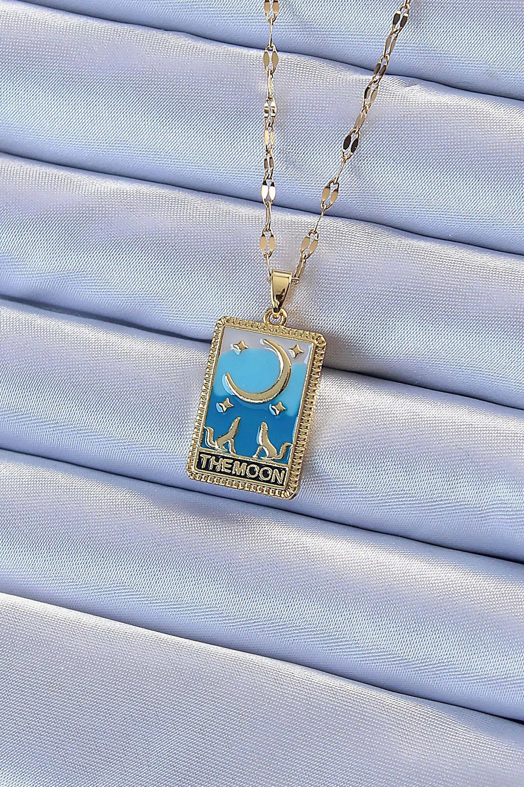 Mey İthalat® 316L Çelik Zincir Altın Renk Mavi Mineli Ay Figür Tarot Kolye