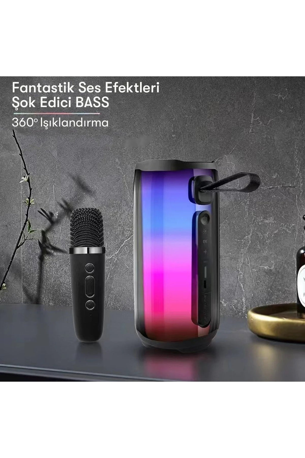 Mey İthalat® Pluse 5 Mikrofonlu RGB Kablosuz Hoparlör - Siyah