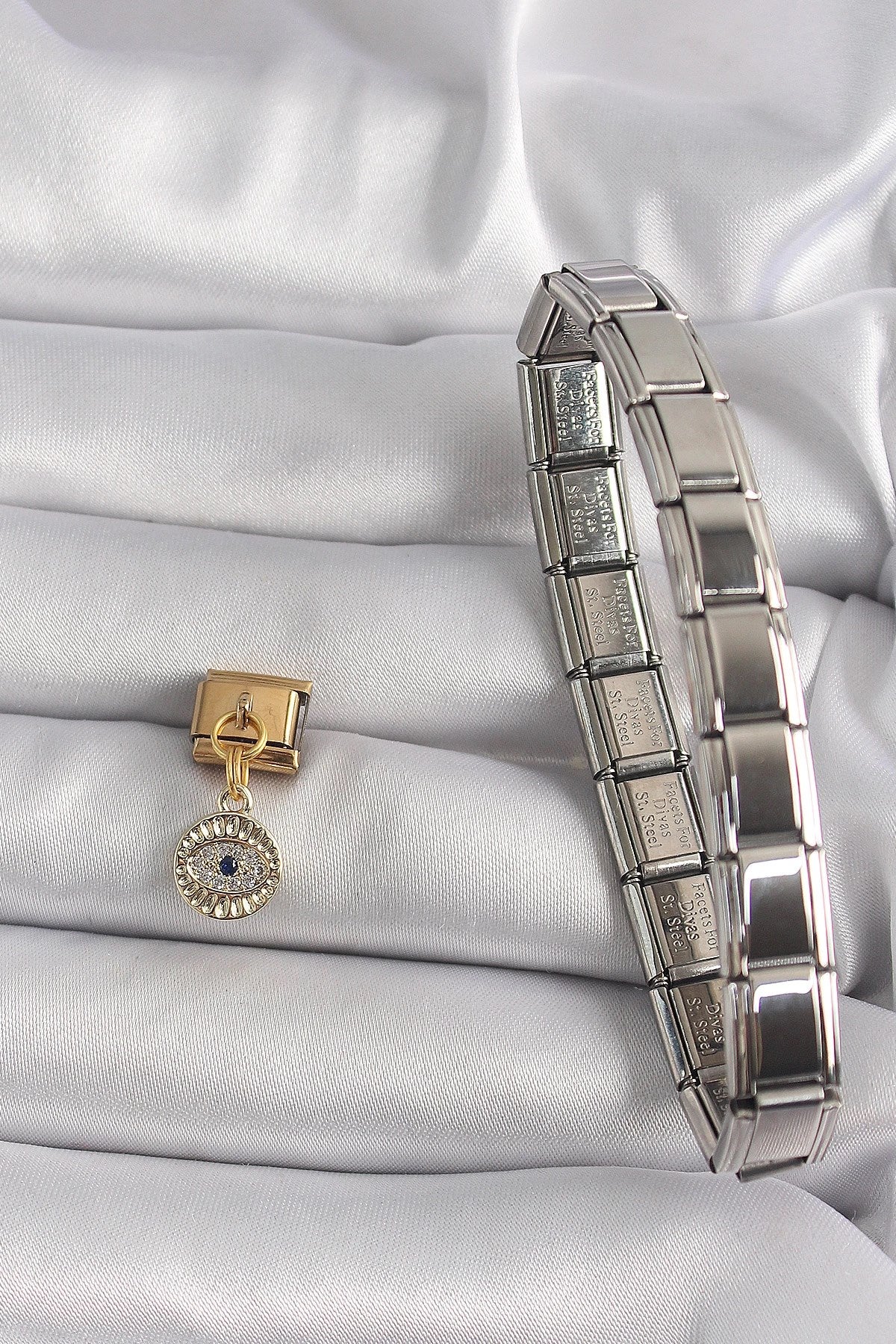 Mey İthalat® 316L Çelik Gold Renk Sallantı Zirkon Taşlı Göz Model Nomination Charm