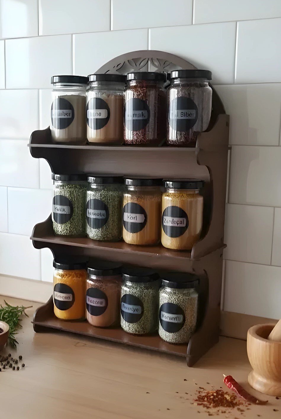 12'li Meşe Rengi Mdf Standlı Dekoratif Baharatlık Seti - Baharatlık Takımı