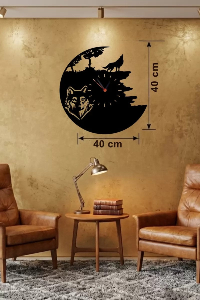 Mey İthalat® Kurt Temalı Lazer Kesim Ahşap Duvar Saati - 40x40 cm Dekoratif