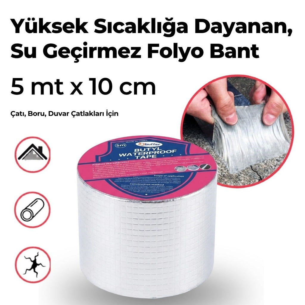 Yüksek Sıcaklık Dayanan Su Geçirmez Çatı Boru Duvar Çatlak Yapışkan Çamur Bant Folyo 5 mt x 10 cm