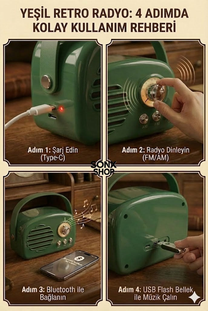 SONX Nostaljik Retro Bluetooth - FM Radyo, USB ve Bluetooth Kablosuz Hoparlör
