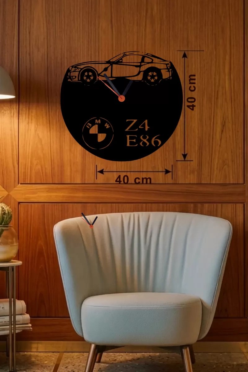 Mey İthalat® BMW Z4 E86 Tasarım Ahşap Duvar Saati - 40x40 cm Lazer Kesim Dekoratif