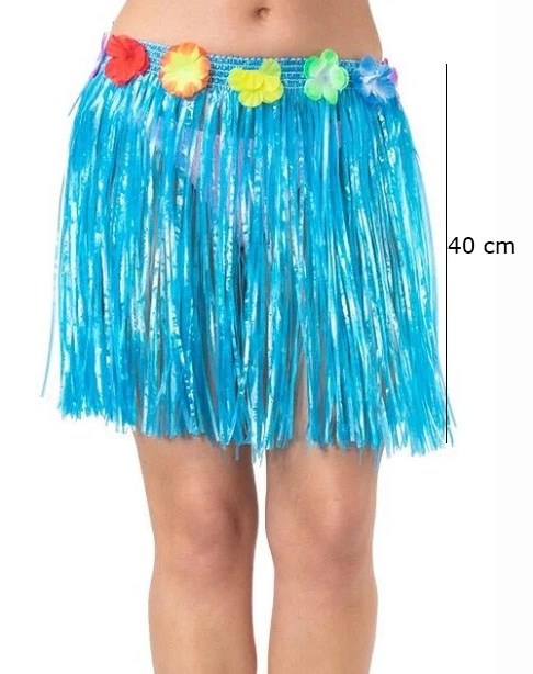 Mey İthalat® Yetişkin ve Çocuk Uyumlu Mavi Renk Püsküllü Hawaii Luau Hula Etek 40 cm