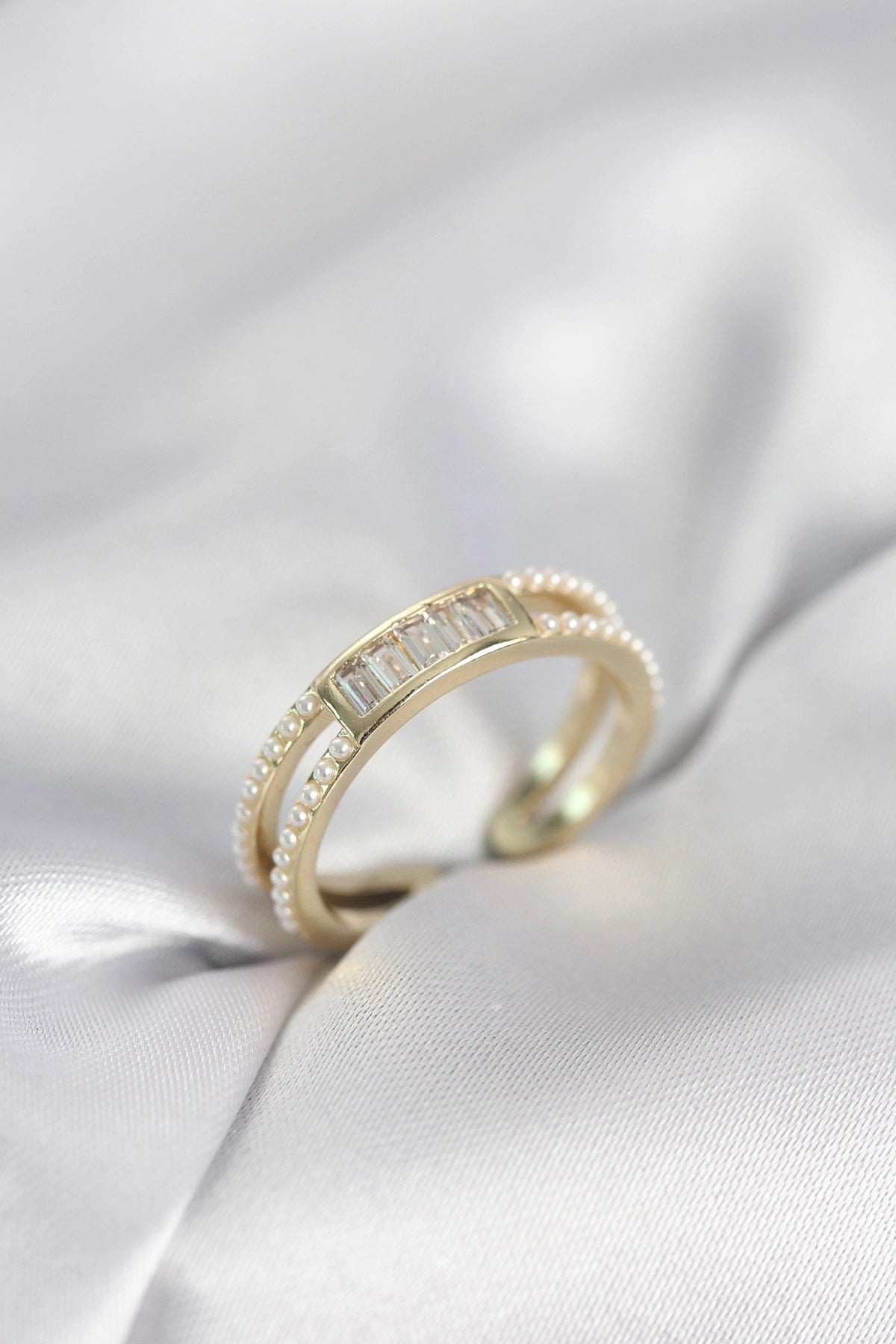 Mey İthalat® Baget Zirkon Taşlı Gold Renk İncili Kadın Yüzük