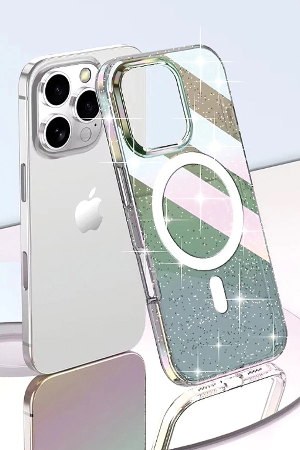 Mey İthalat® iPhone 14 Pro Max Rasasi Simli Magsafe Kapak - Şeffaf
