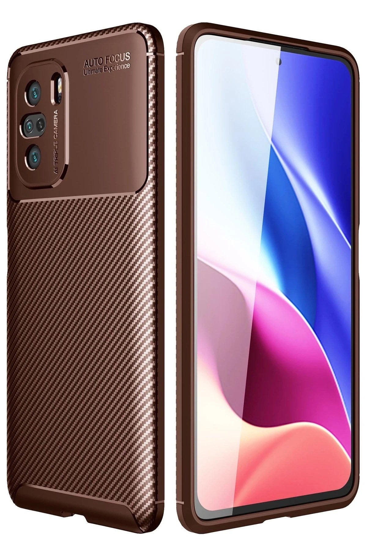 Mey İthalat® Poco F3 Kılıf Auto Focus Karbon Kapak - Kahverengi