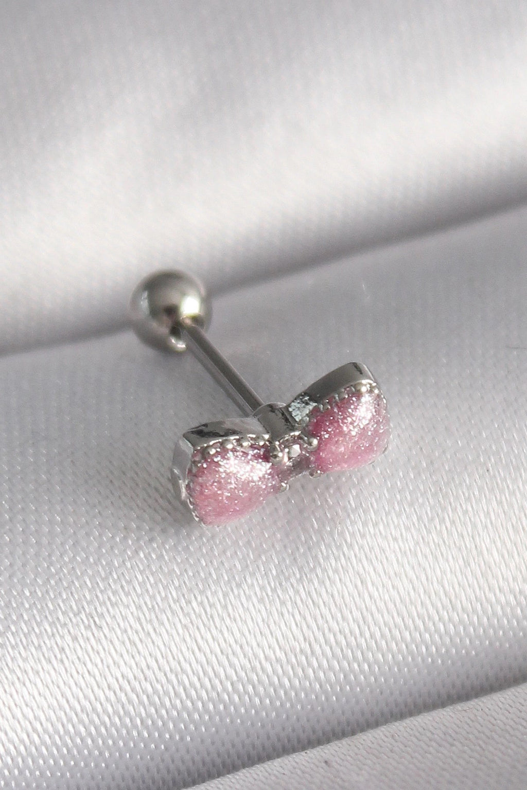 Mey İthalat® 316L Çelik Gümüş Renk Pembe Kurdele Zirkon Taş Detay Tragus Piercing