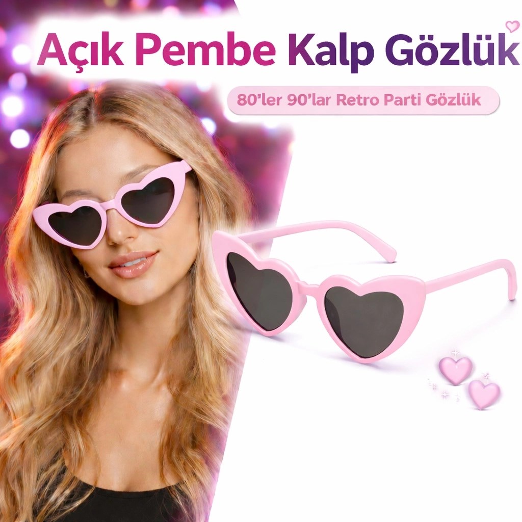Mey İthalat® Pembe Retro Kalp Gözlük – 80’ler 90’lar Stil Parti Gözlüğü