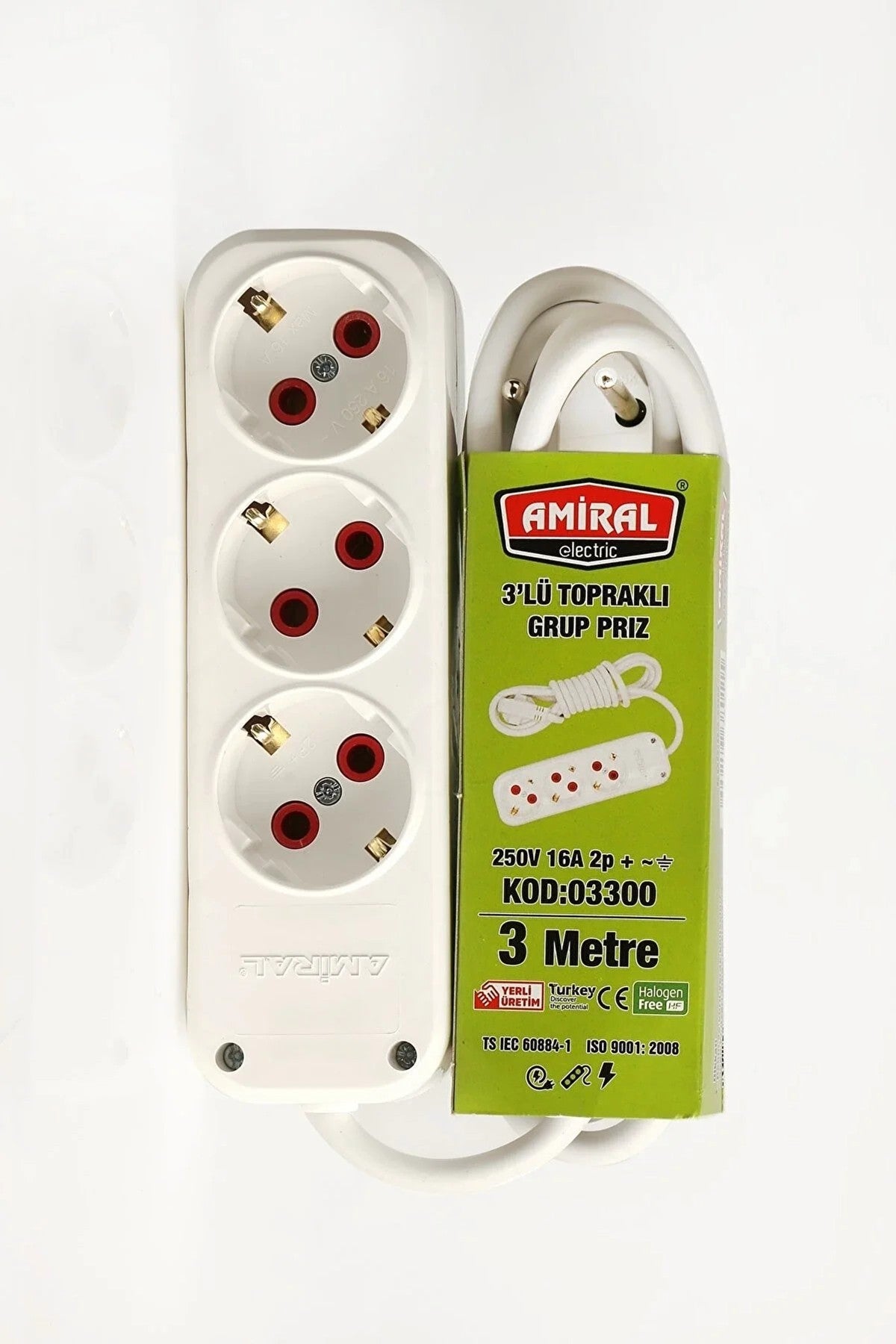 Amiral 3'lü Topraklı 3 Metre Kablolu Grup Priz - Güvenli Uzatma Kablosu