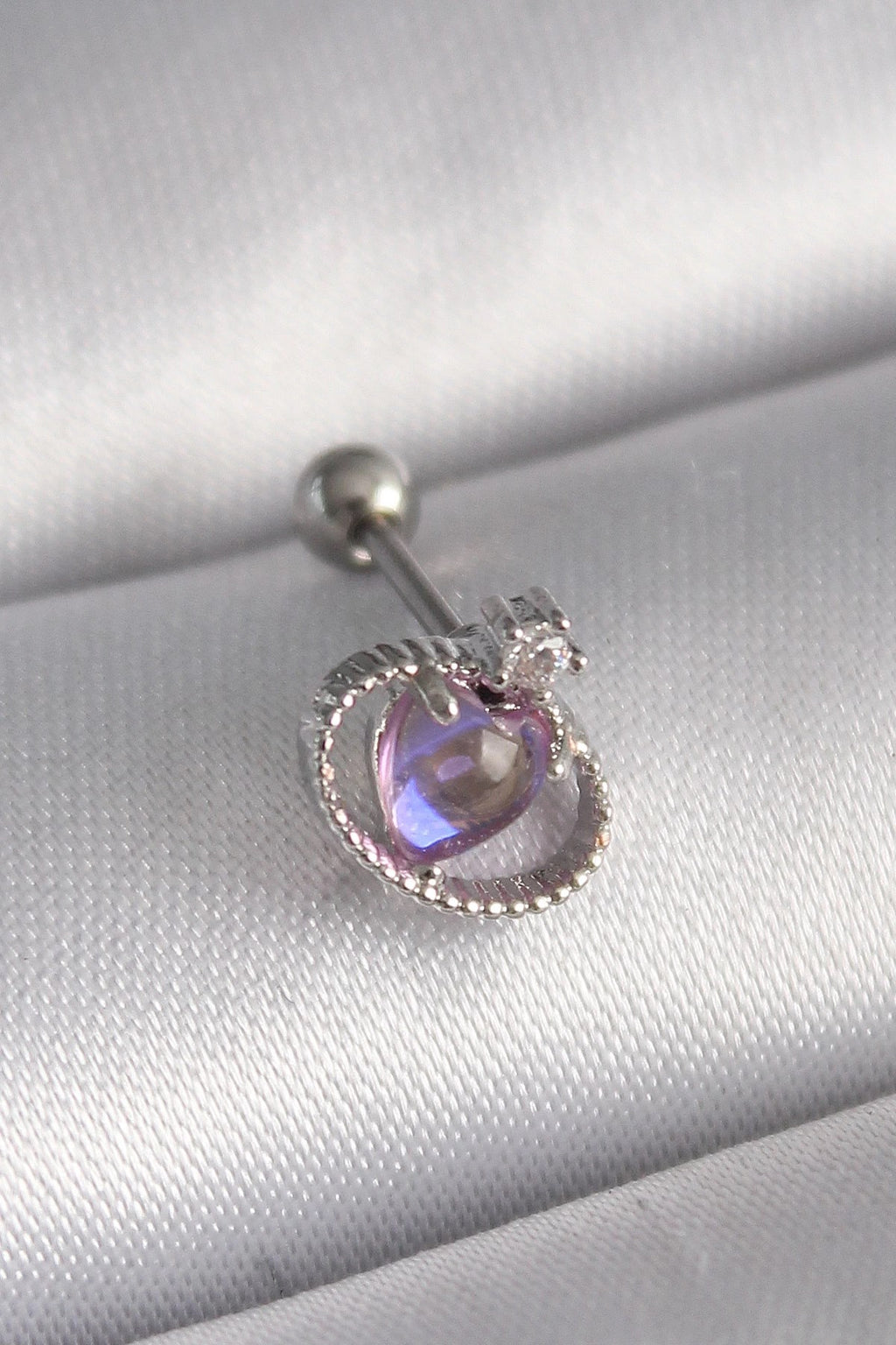Mey İthalat® 316L Çelik Gümüş Renk Mor Mineli Kalp Zirkon Taş Detay Tragus Piercing