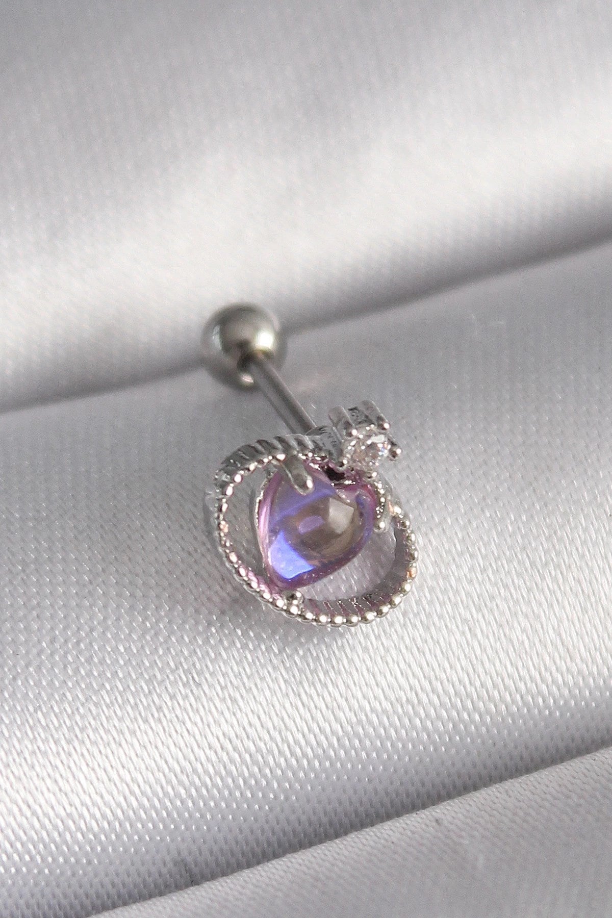 Mey İthalat® 316L Çelik Gümüş Renk Mor Mineli Kalp Zirkon Taş Detay Tragus Piercing