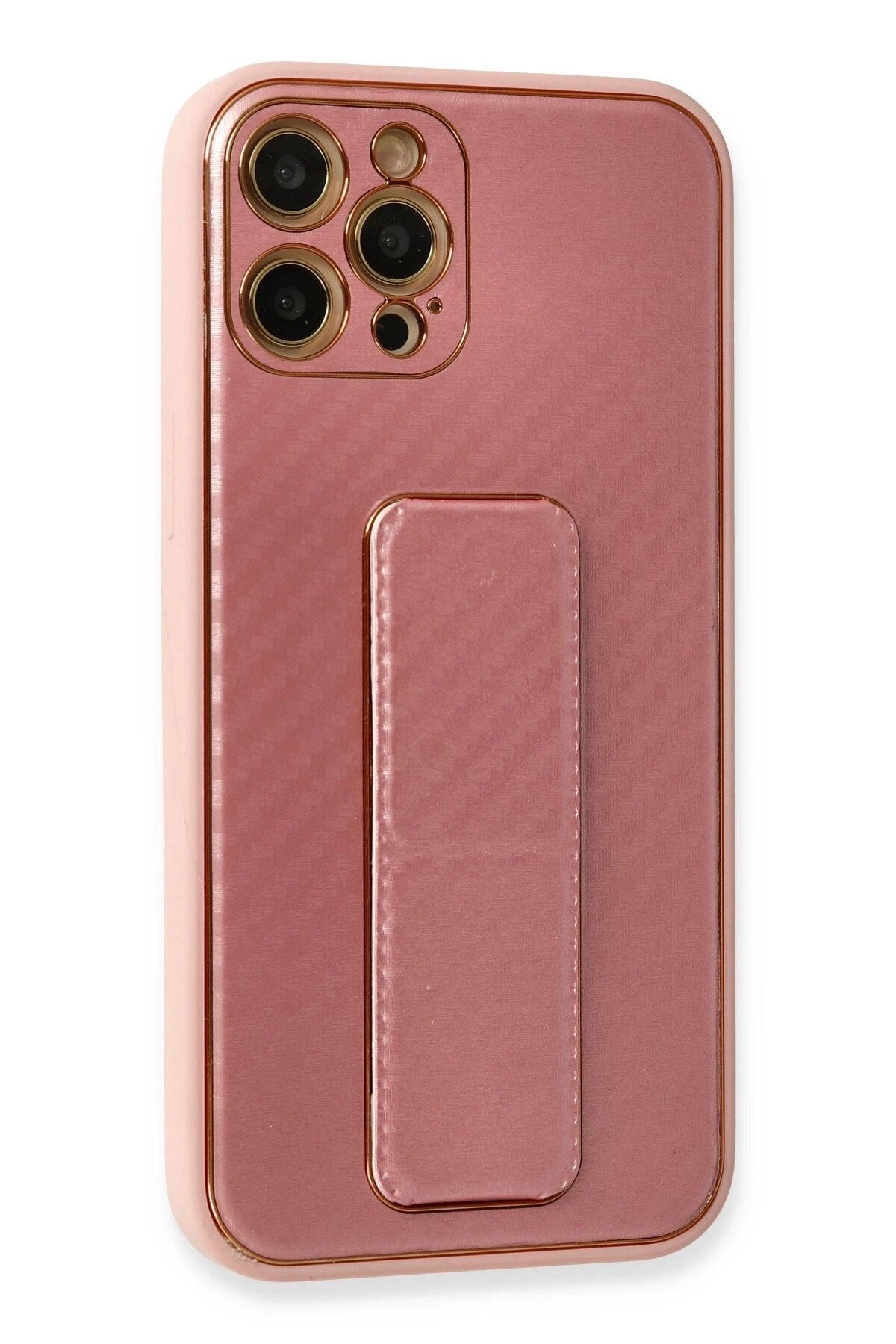 Mey İthalat® iPhone 12 Pro Kılıf Coco Karbon Standlı Kapak - Pembe