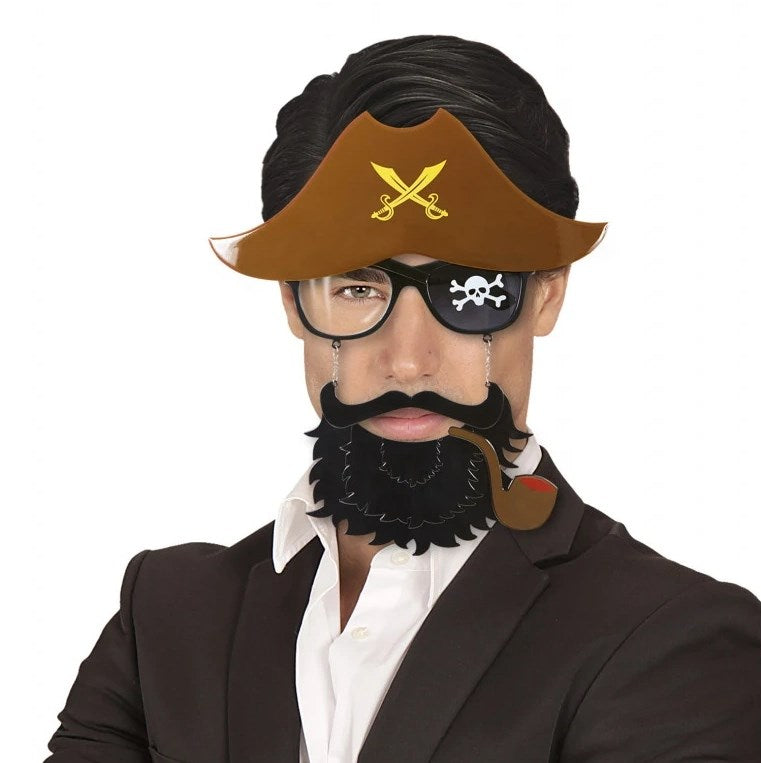 Mey İthalat® Kahve Renk Şapkalı Siyah Sakallı Pipolu Jack Sparrow Denizci Korsan Gözlüğü 24x25 cm