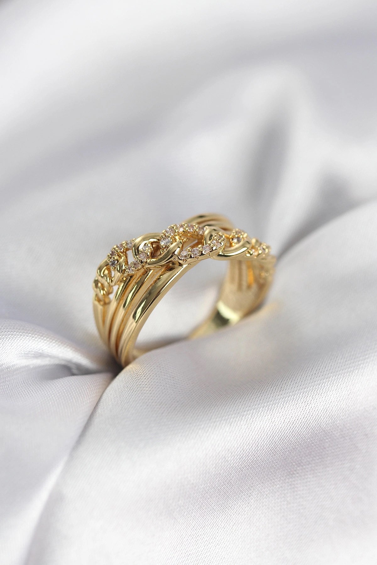 Mey İthalat® Gold Renk Zirkon Taşlı Zincir Model Kadın Yüzük