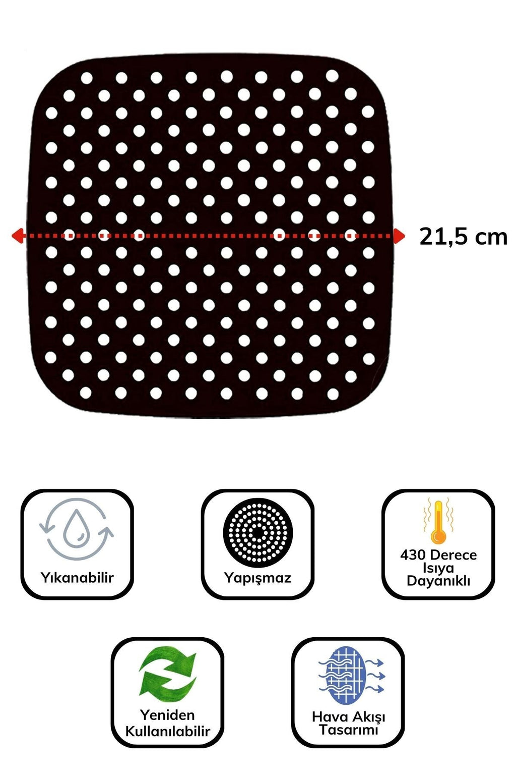 Siyah Isıya Dayanıklı Yıkanılabilir Silikon Fırın Ve Airfryer Kare Model Pişirme Matı 21,5 Cm